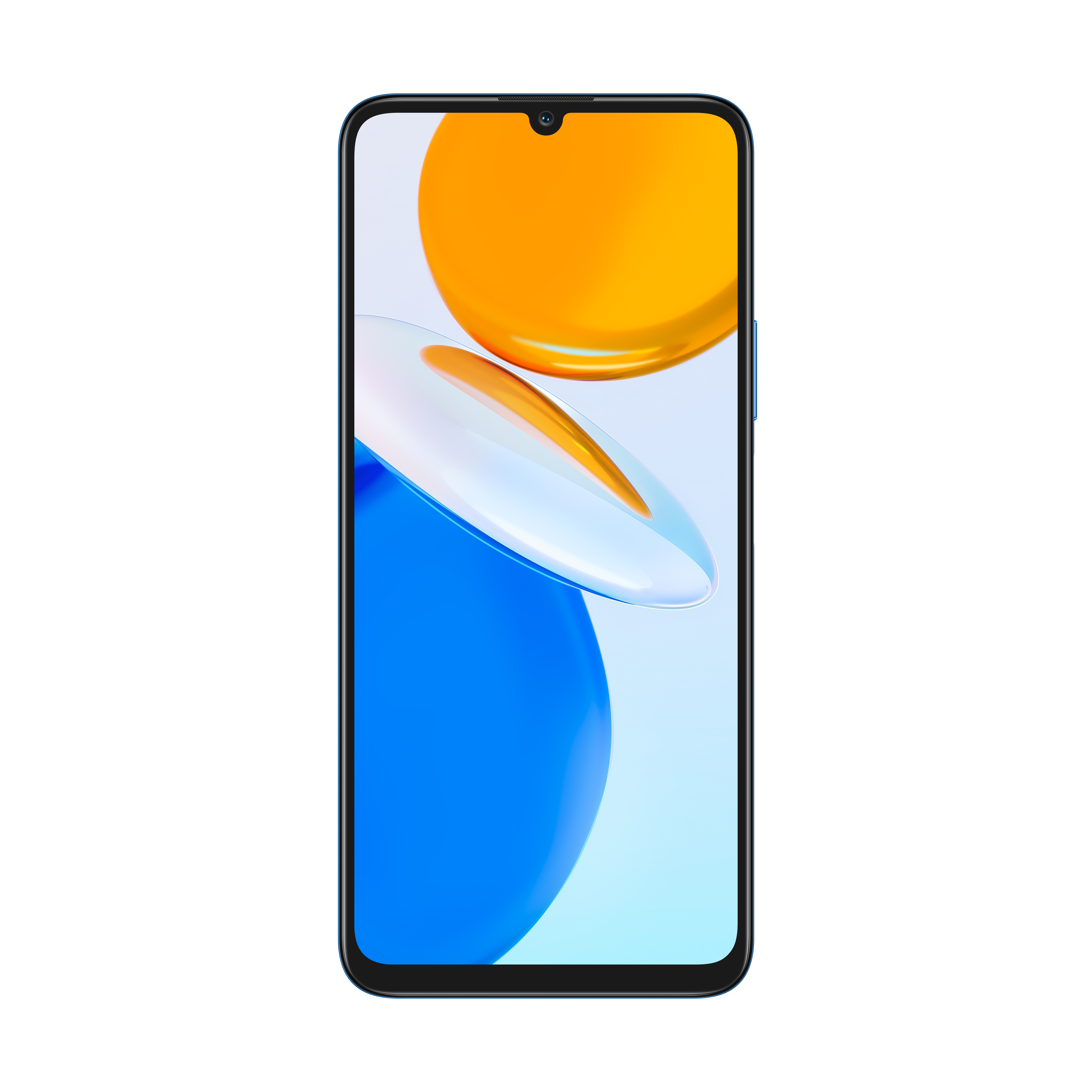 Una pantalla azul de teléfono muestra un patrón amarillo y azul. El teléfono tiene un marco azul.