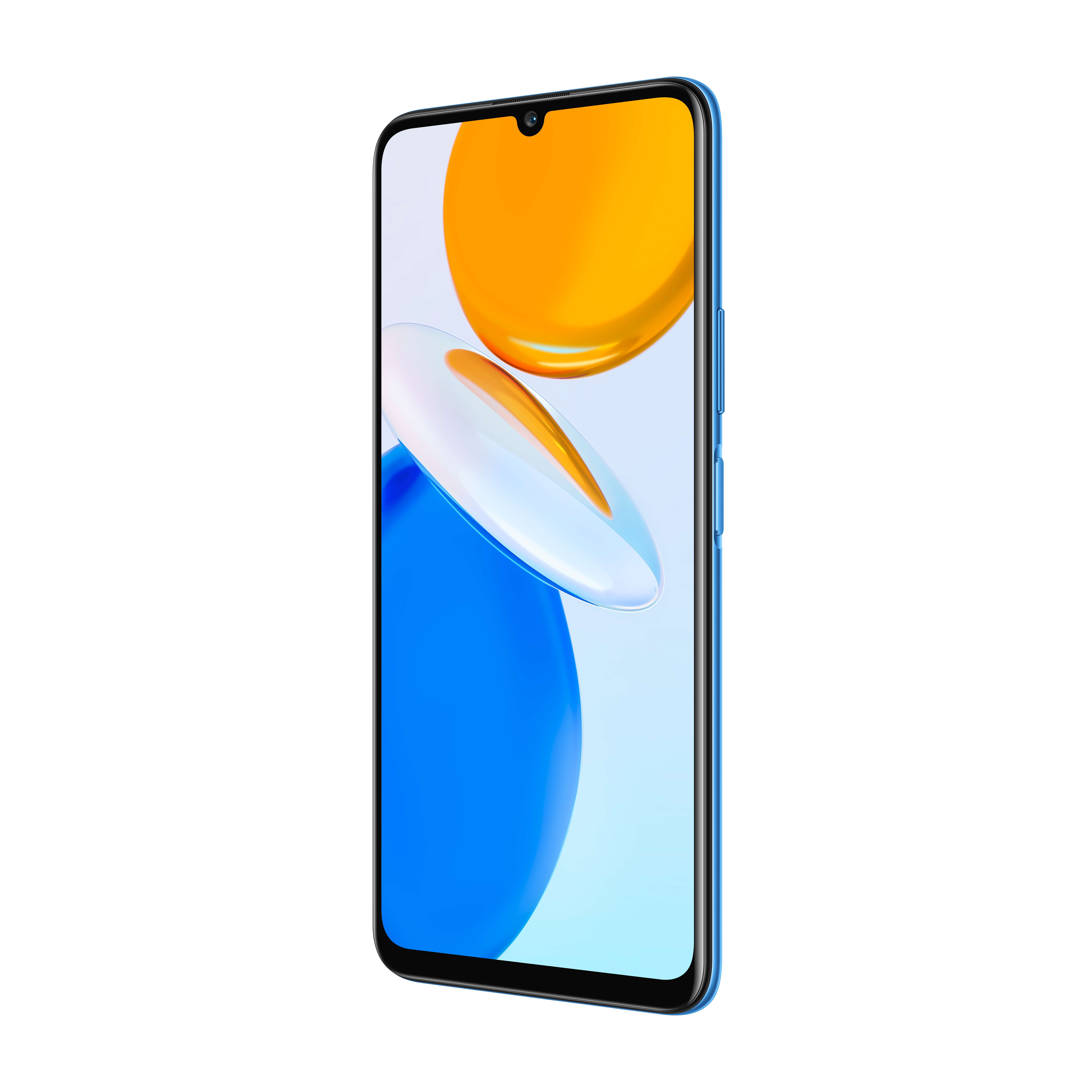 Smartphone azul con pantalla naranja y blanca sobre fondo blanco.