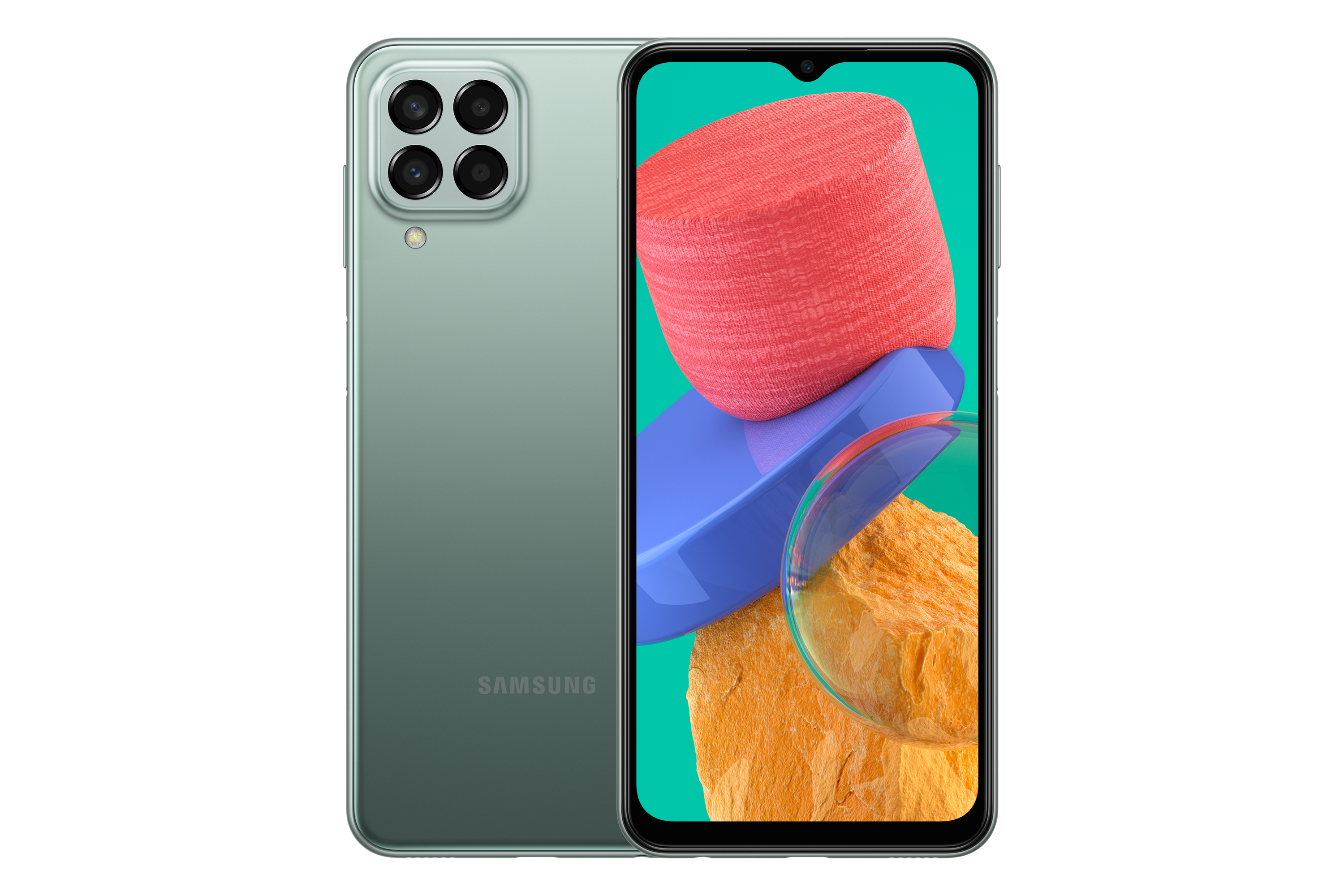 Teléfono verde con múltiples cámaras traseras. Un diseño abstracto azul y naranja se muestra en la pantalla.