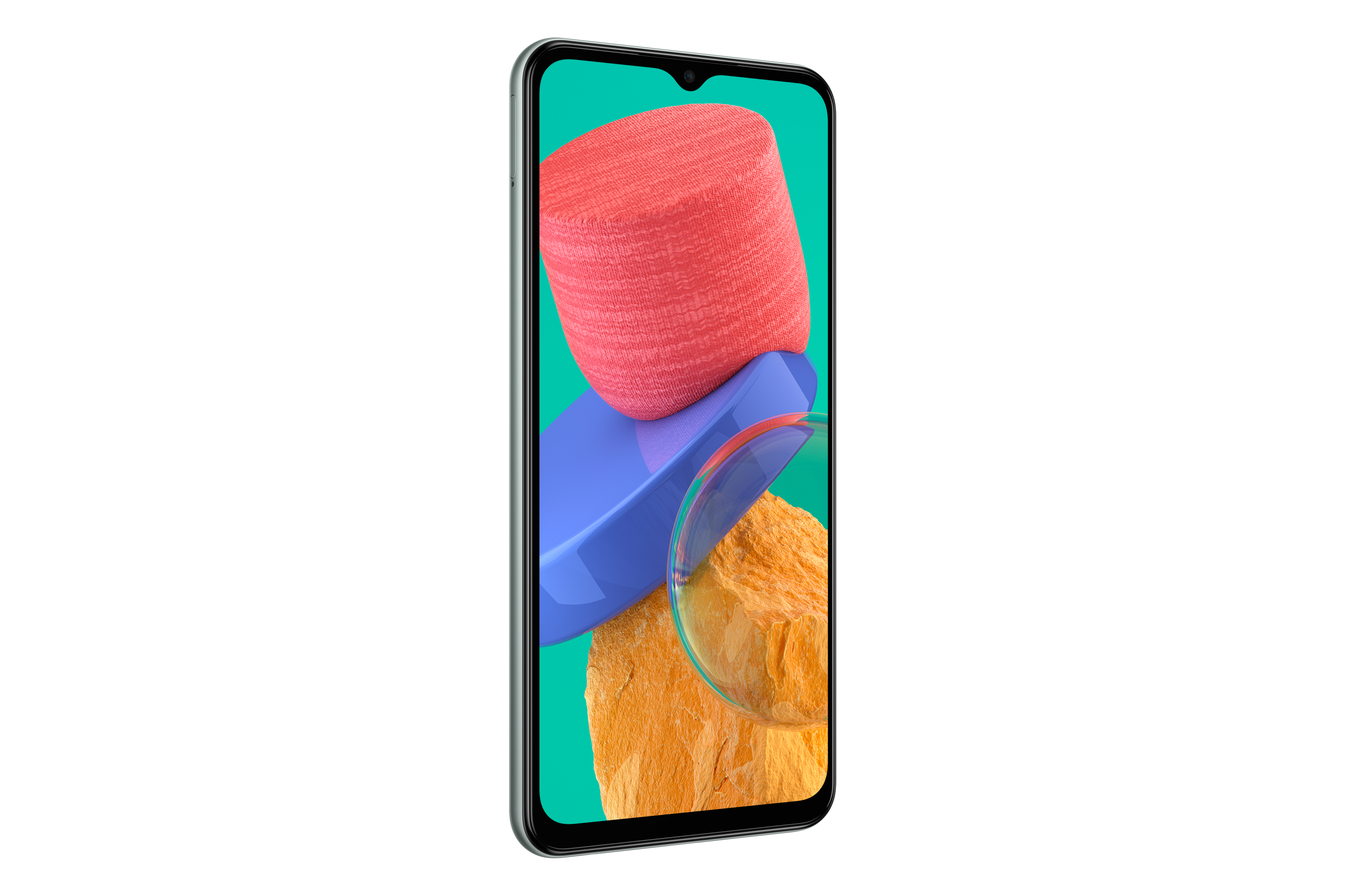 Un smartphone con un diseño abstracto colorido en la pantalla, inclinado en ángulo.