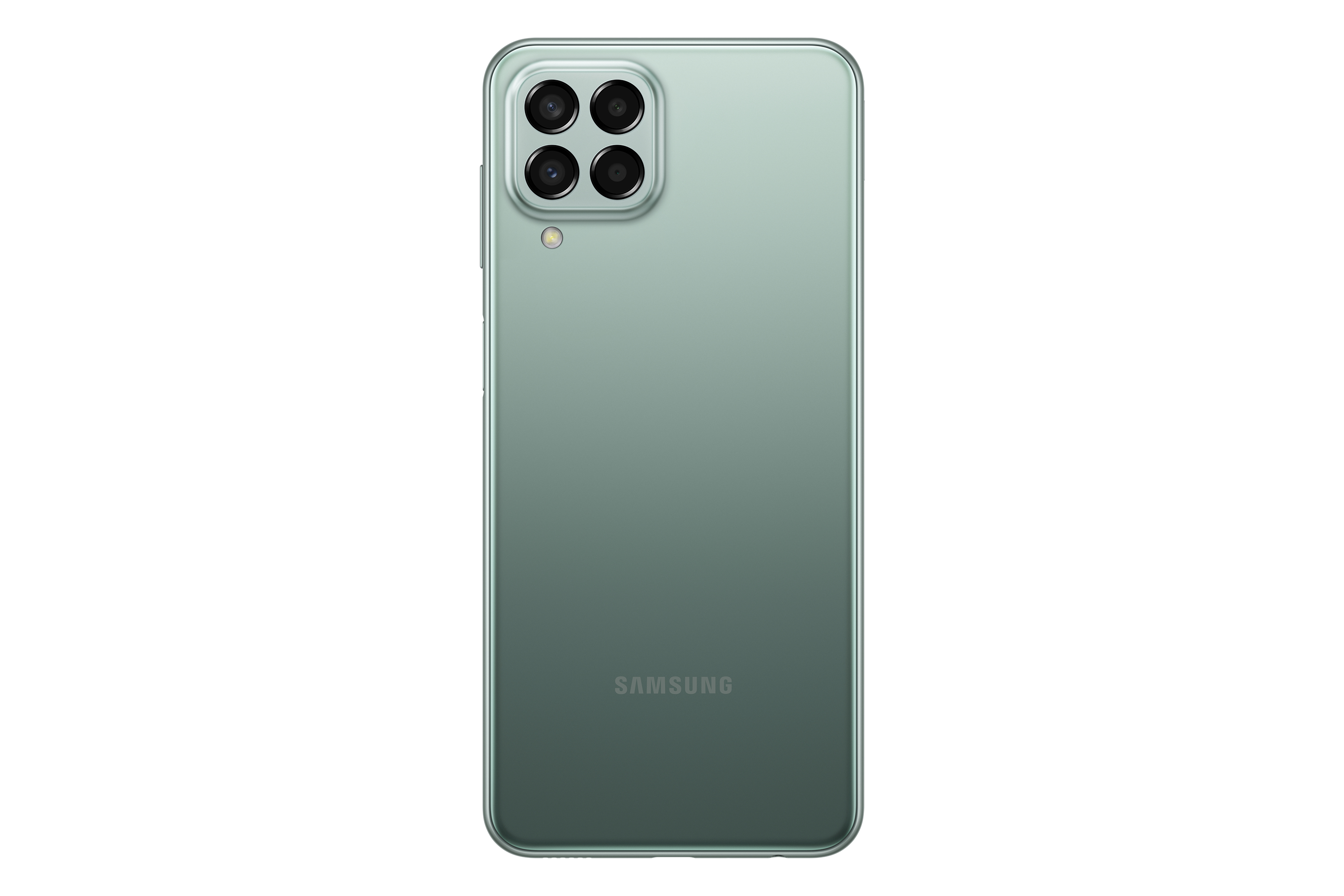 La parte trasera de un teléfono Samsung verde, con cuatro cámaras y el logo de Samsung.