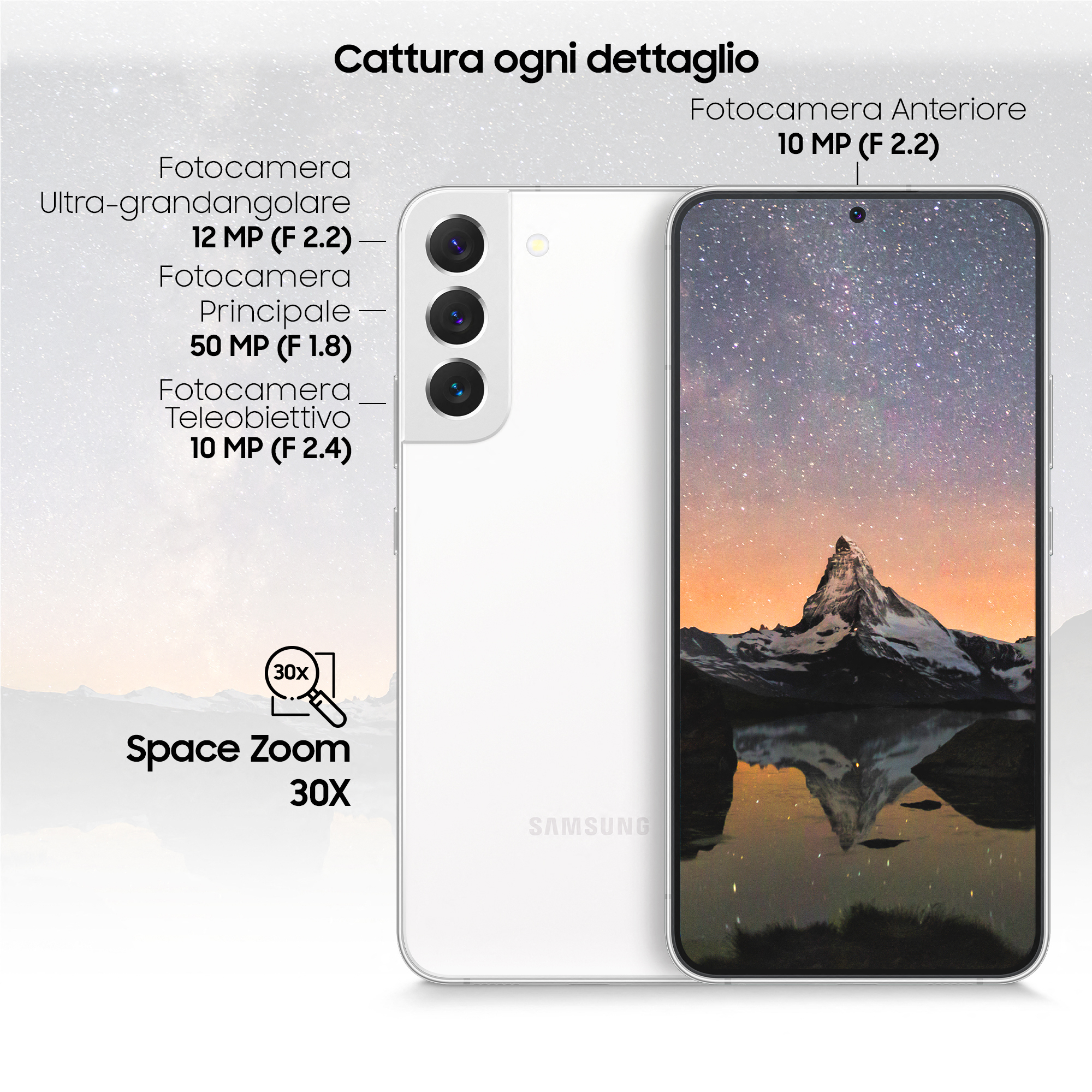Ein weißes Telefon mit drei Rückkameras und einem Frontbildschirm mit einer Berglandschaft.