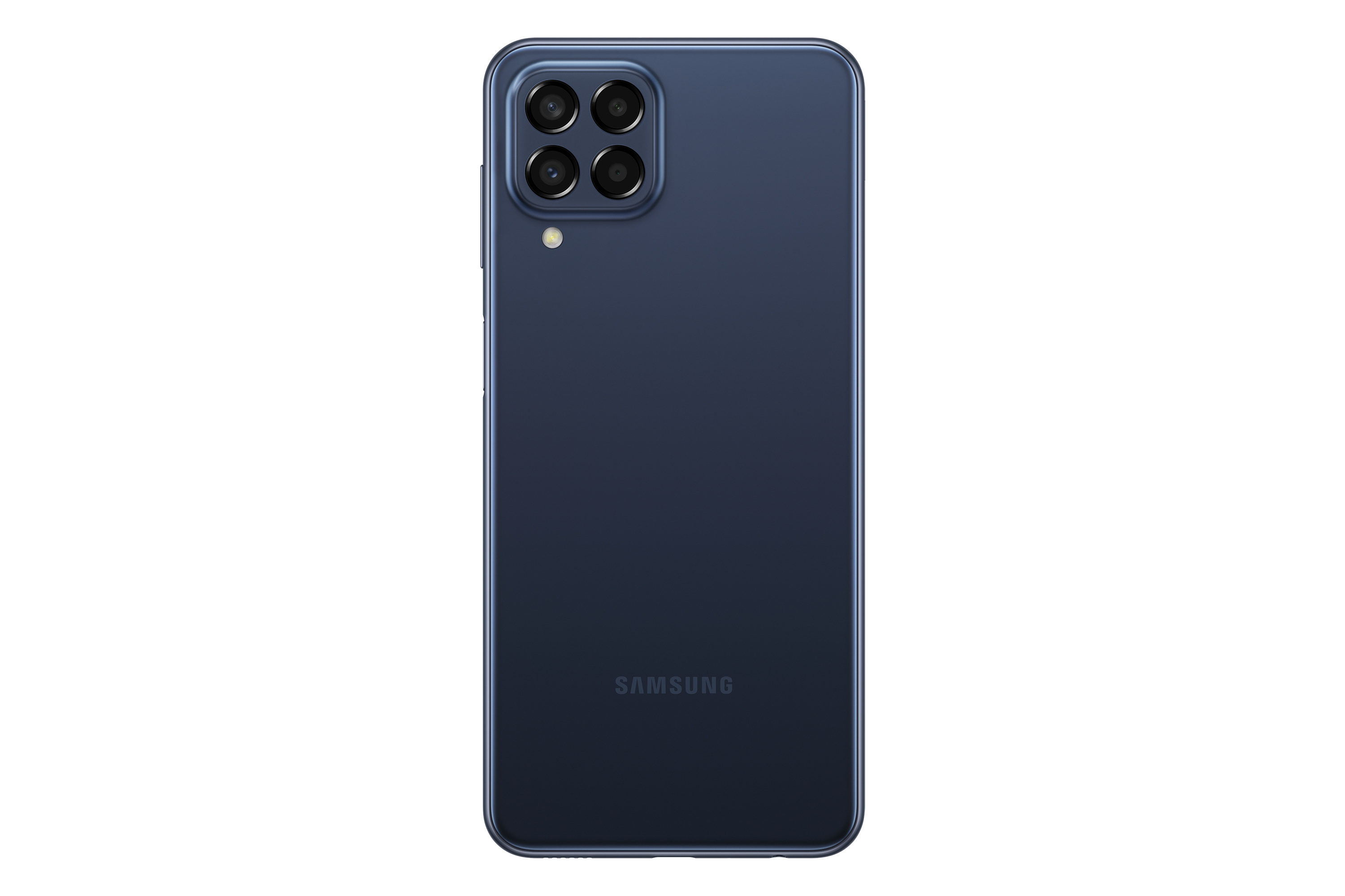 Blaues Smartphone-Rückseite mit Kameras und Samsung-Logo. Weißer Hintergrund.