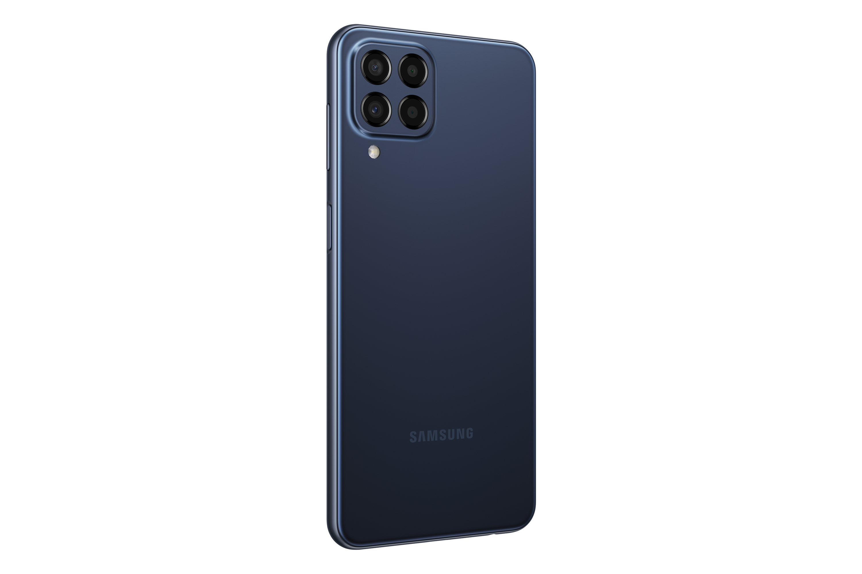 Marineblaues Telefon hinten mit vier Kameras, Blitz und Samsung-Logo.