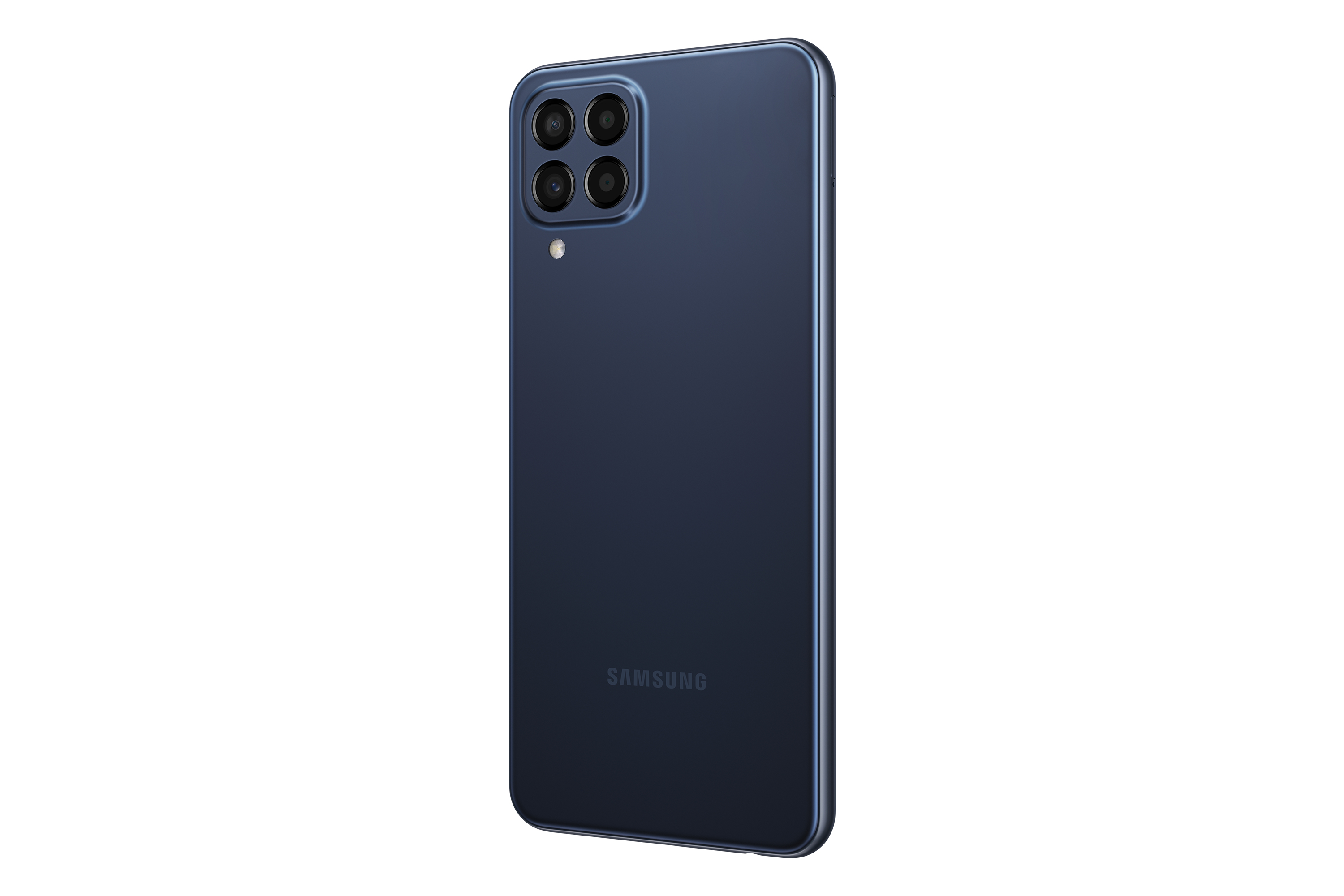Ein dunkelblaues Samsung Galaxy M33 Smartphone, Rückansicht, mit Quad-Kamera.