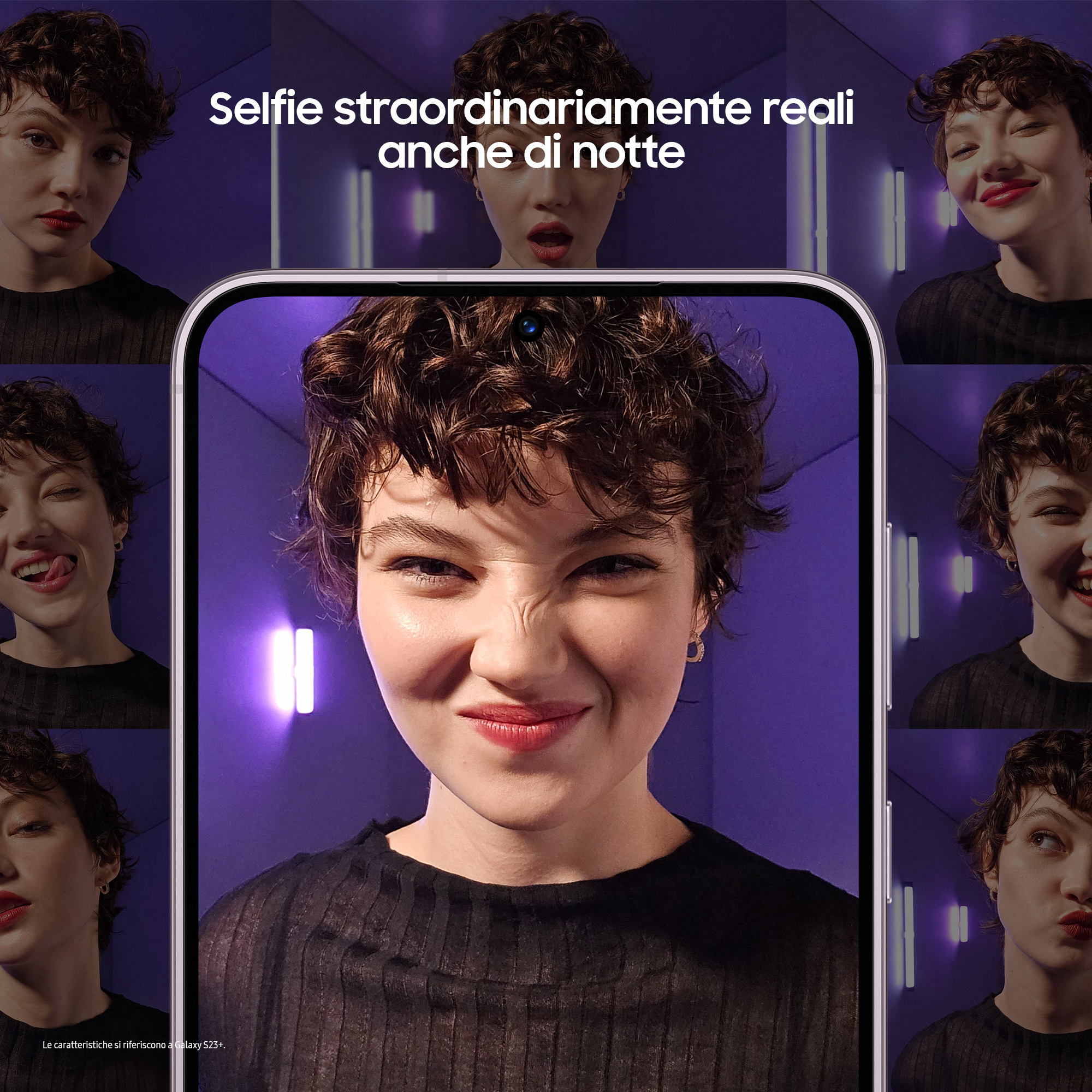 Twarz kobiety na ekranie telefonu z różnymi wyrazami twarzy. Fioletowe tło.