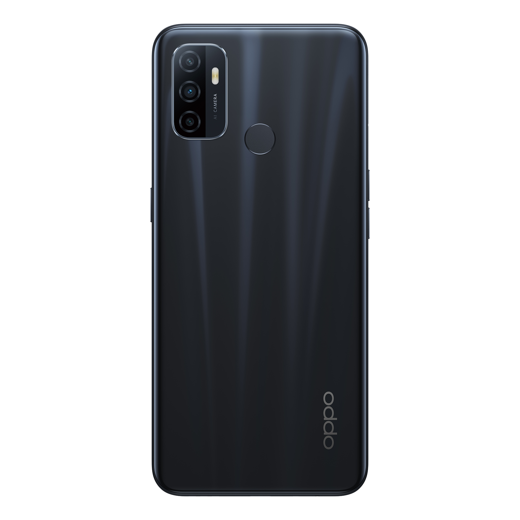 Rückansicht eines schwarzen Oppo-Telefons mit Kamera und Blitz.