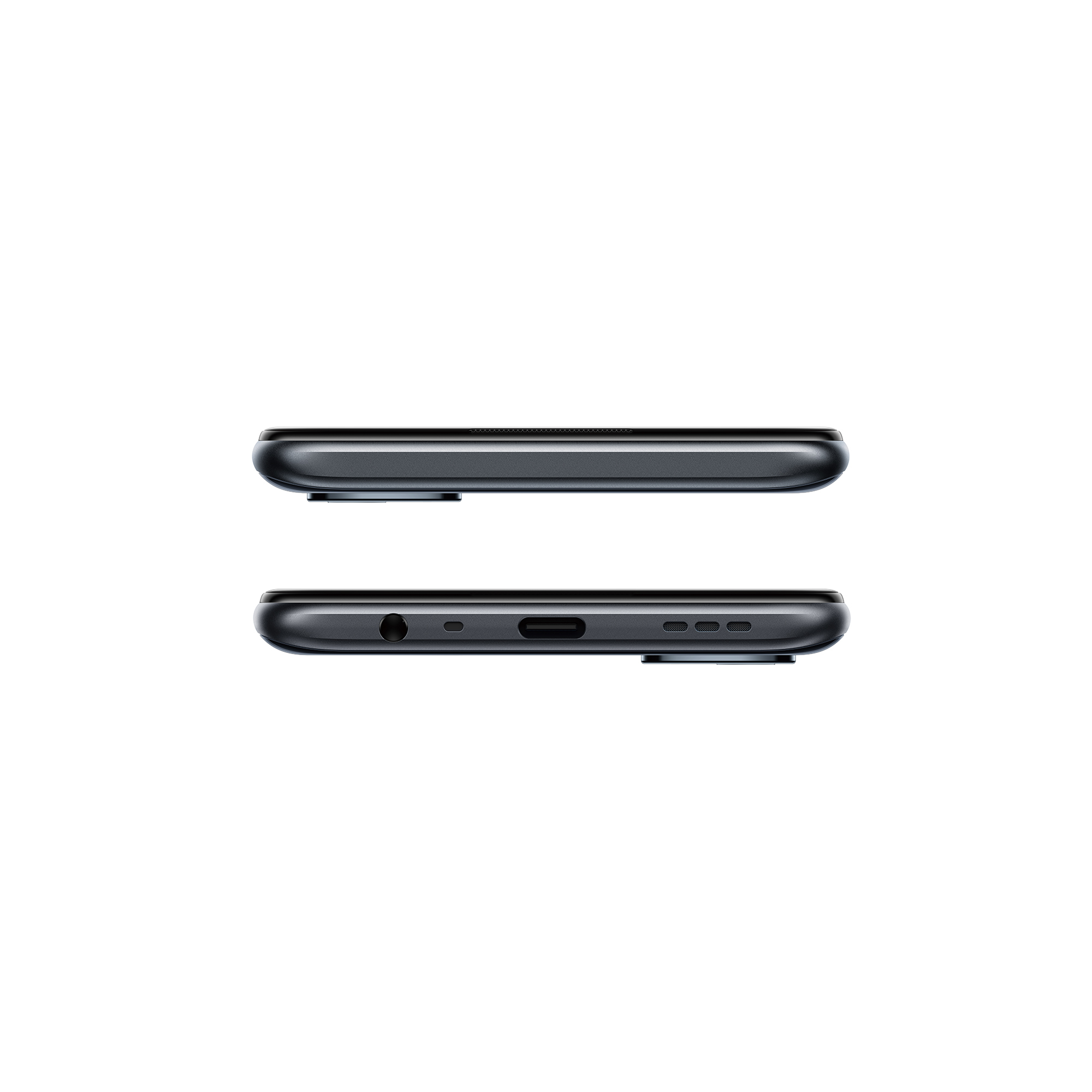 Zwei Smartphones von der Seite gesehen, eines über dem anderen. Das obere zeigt die Oberseite, das untere die Unterseite.