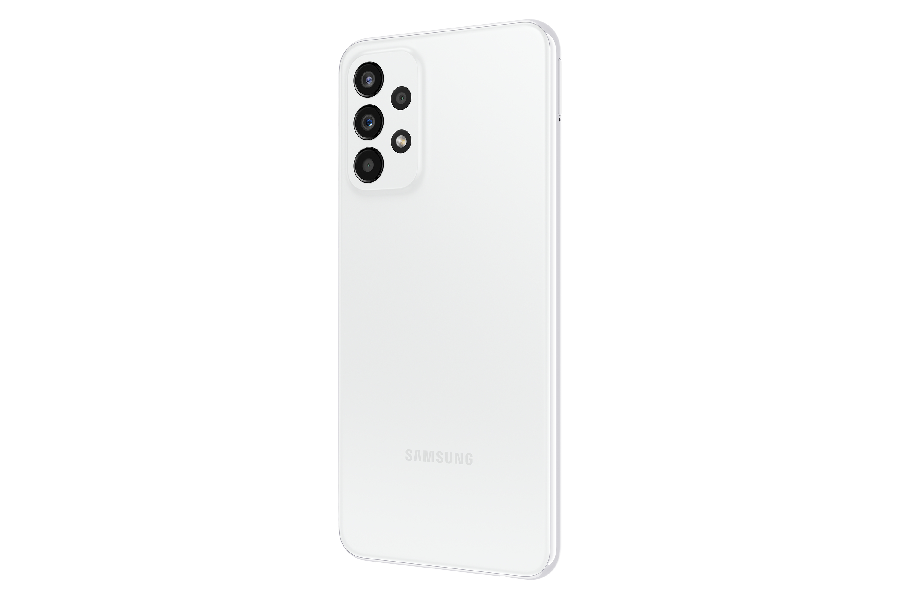 White Samsung phone, angled view, with multiple rear cameras, and the Samsung logo.