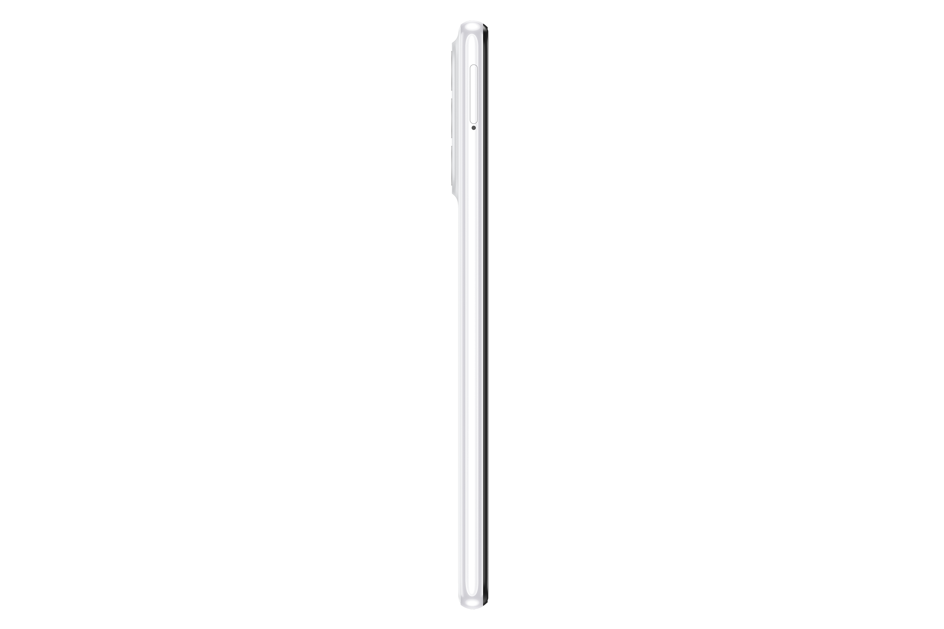 Side view of a white smartphone, showing a slim profile.