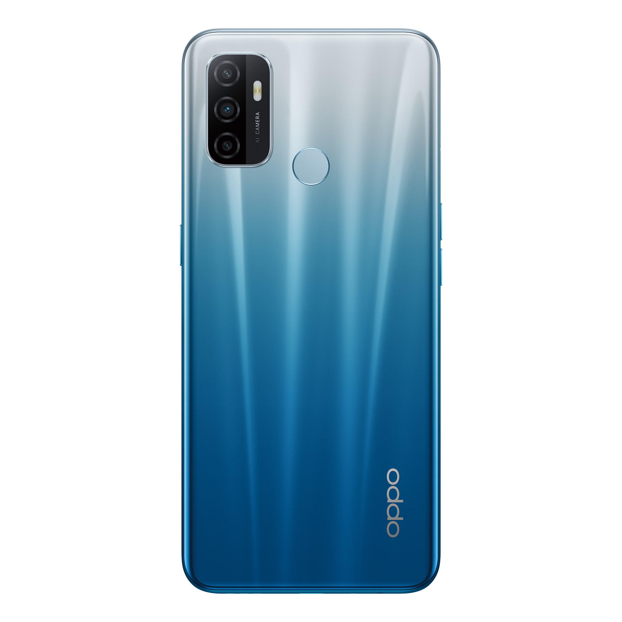 L'arrière d'un téléphone Oppo dégradé bleu avec une caméra et le logo Oppo.
