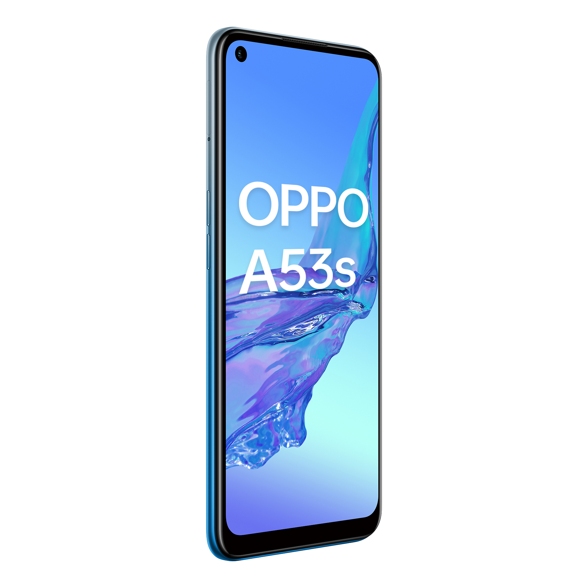 Téléphone OPPO A53s sur fond blanc. L'écran est bleu, affichant le logo OPPO.