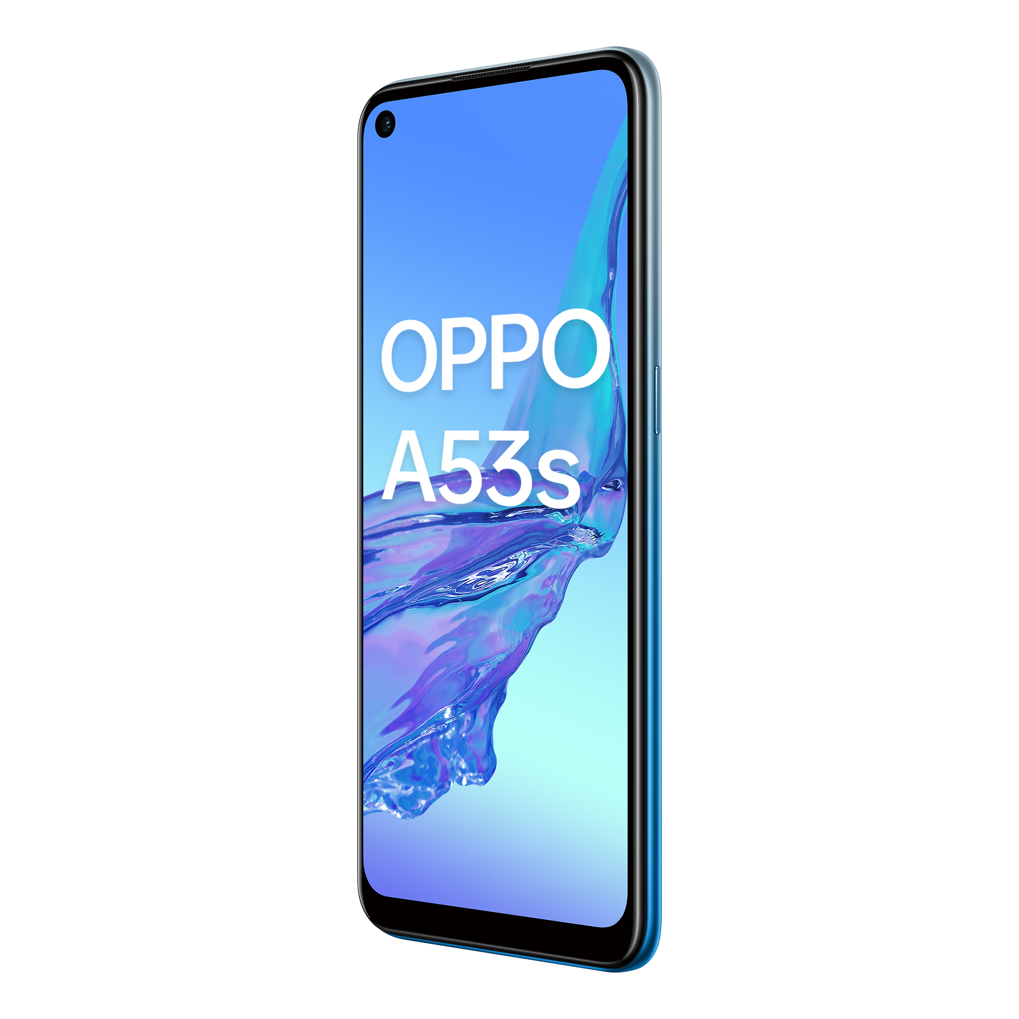 Téléphone OPPO A53s bleu, vue en angle, isolé sur blanc.