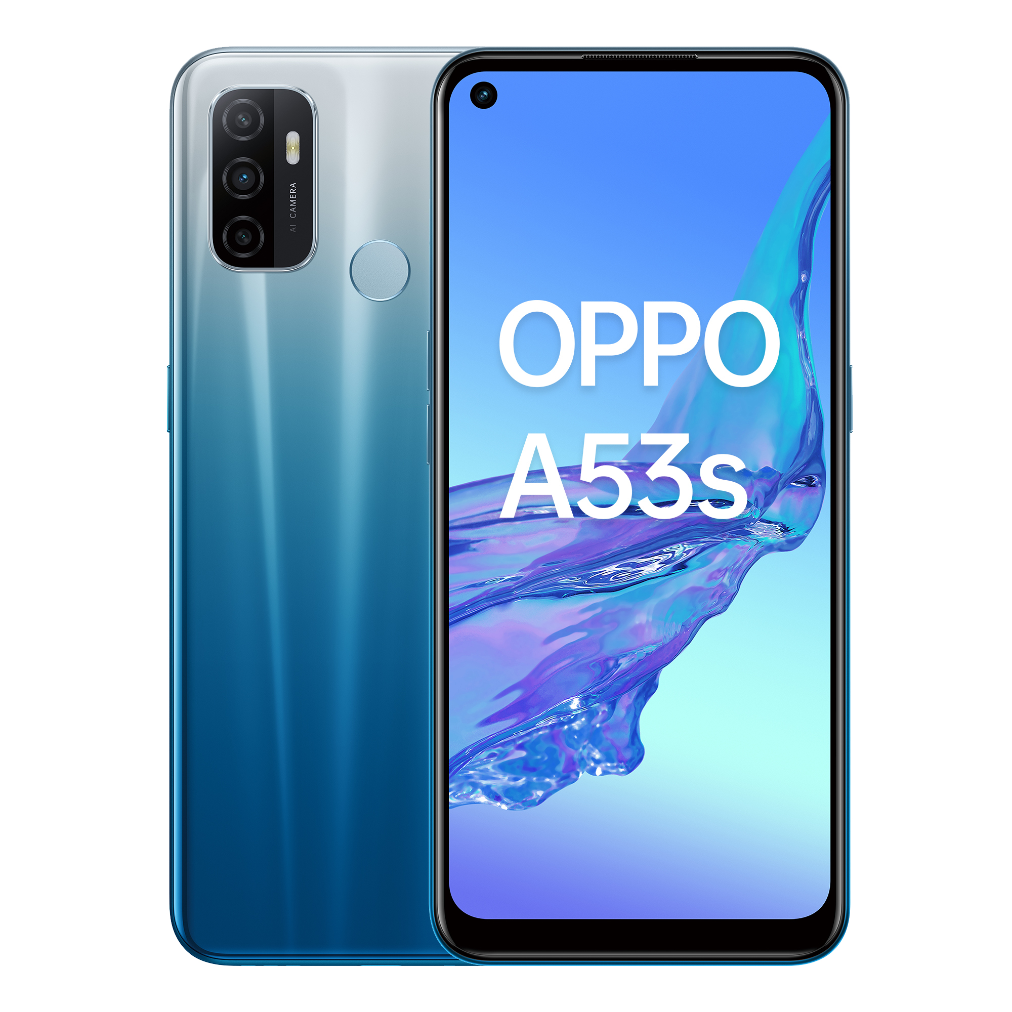 Un smartphone Oppo A53s bleu et blanc, montrant l'avant et l'arrière du téléphone.
