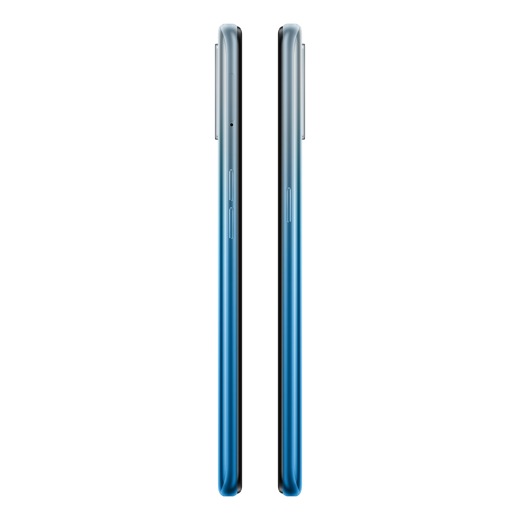 Deux smartphones bleus dégradés vue latérale, boutons visibles. Fond blanc.