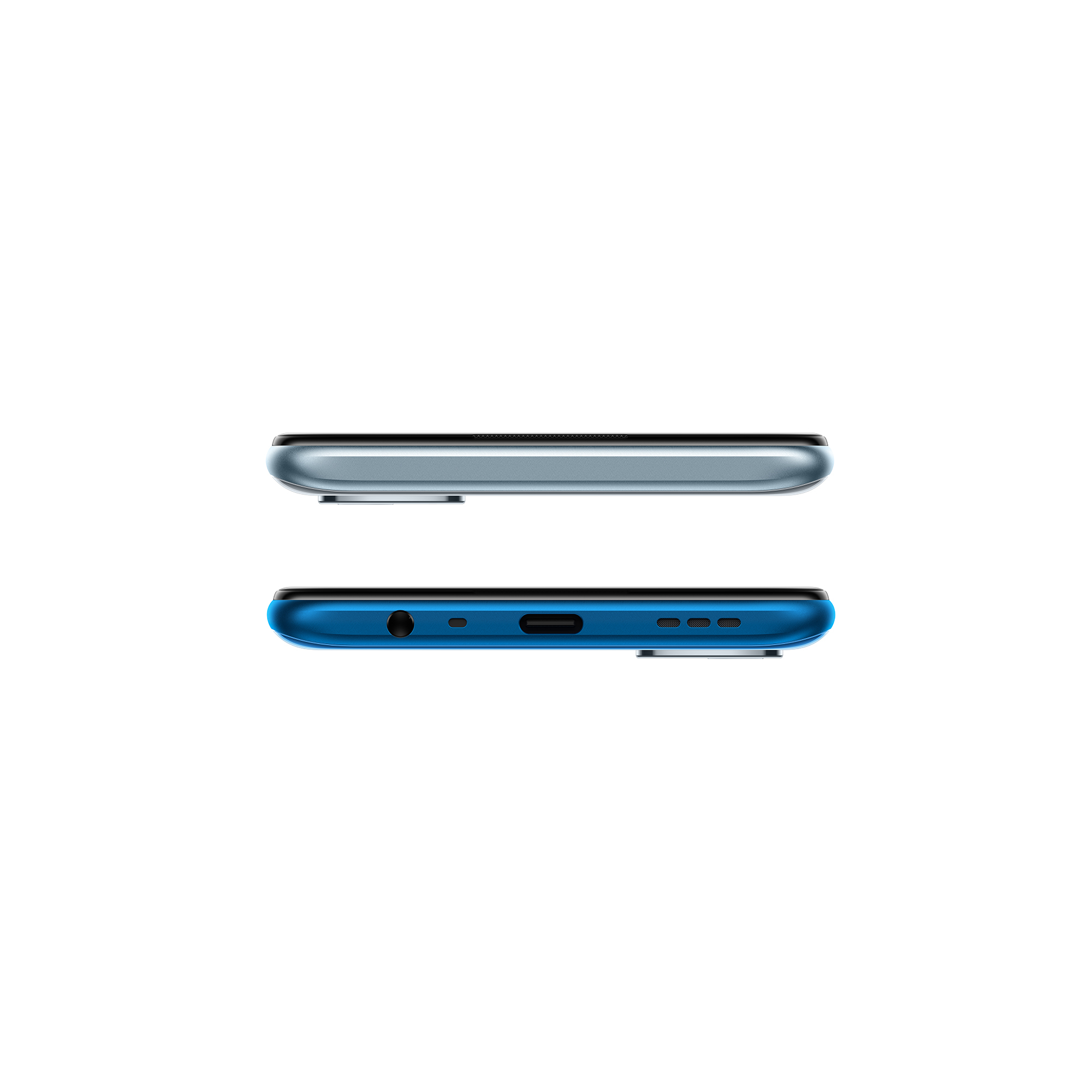 Deux téléphones, un argenté et un bleu, côte à côte. Les bas sont visibles.