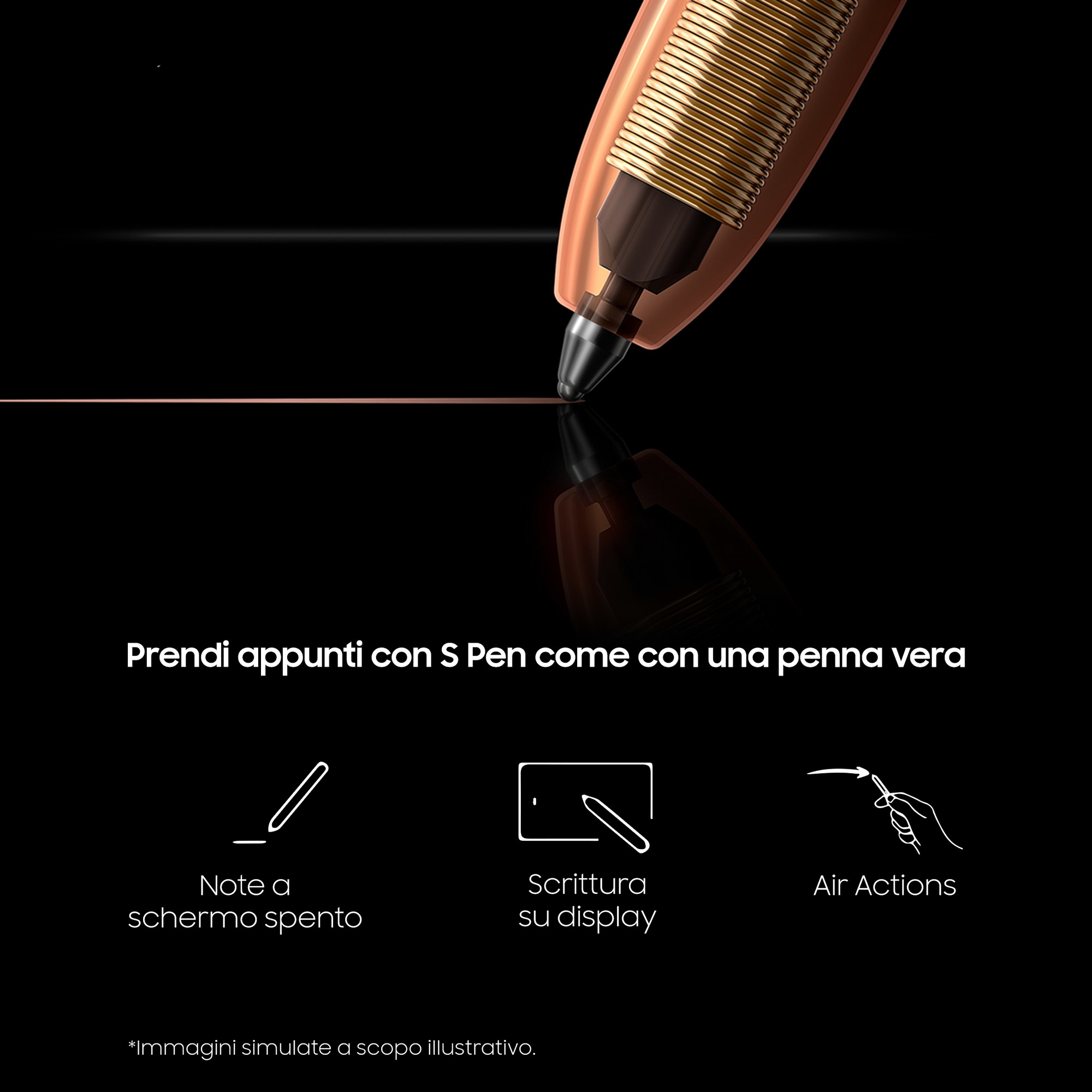 Kupferfarbener Stift mit S Pen-Spitze, zeichnet auf schwarzem Hintergrund.