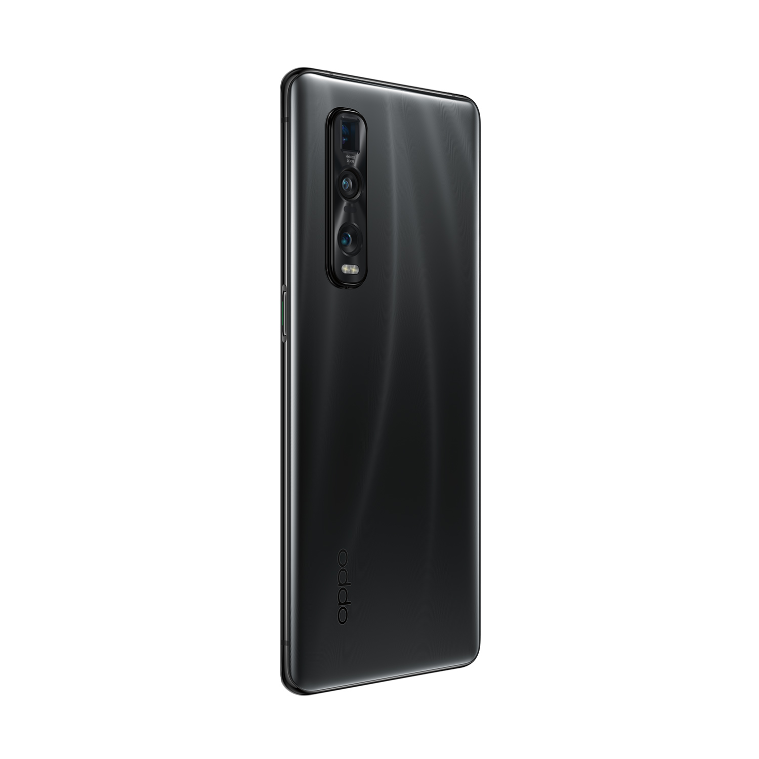 Rückseite eines schwarzen Smartphones mit drei vertikalen Kameralinsen und Oppo-Logo.