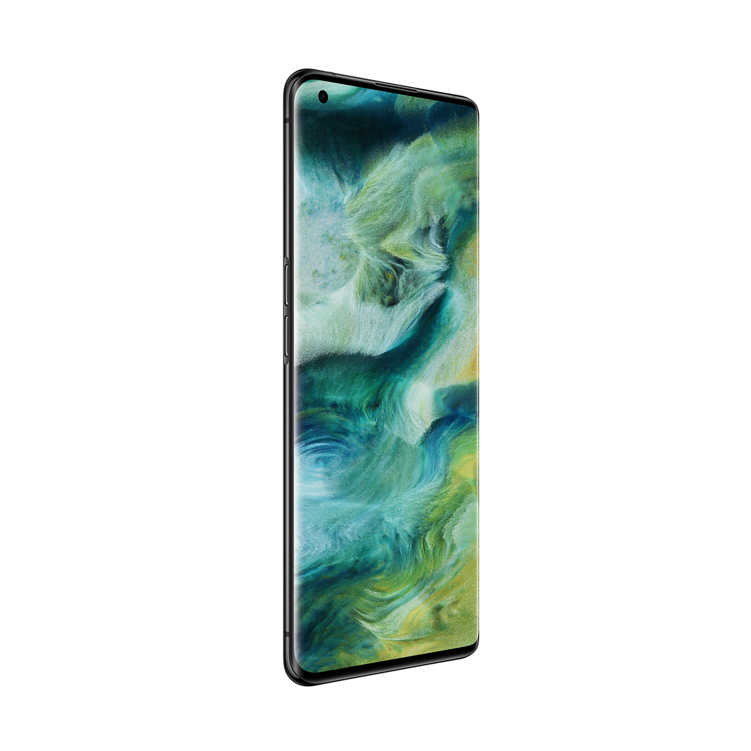 Ein Smartphone mit gebogenem Bildschirm, das ein verschwommenes abstraktes Muster in Grün und Blau zeigt. Das Telefon ist schwarz.