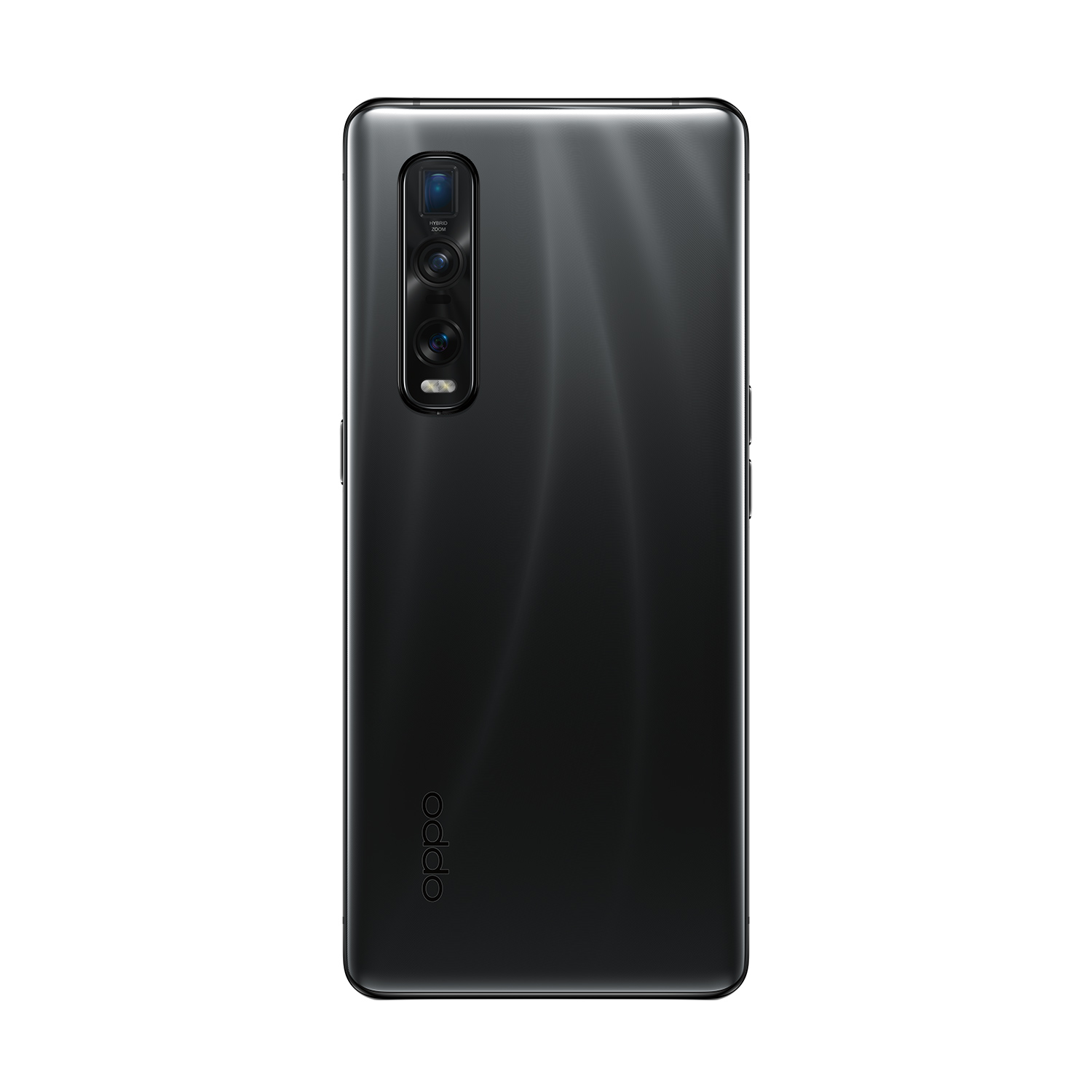 Die Rückseite eines schwarzen Oppo-Telefons mit mehreren Kameras in der oberen linken Ecke und Oppo-Logo.