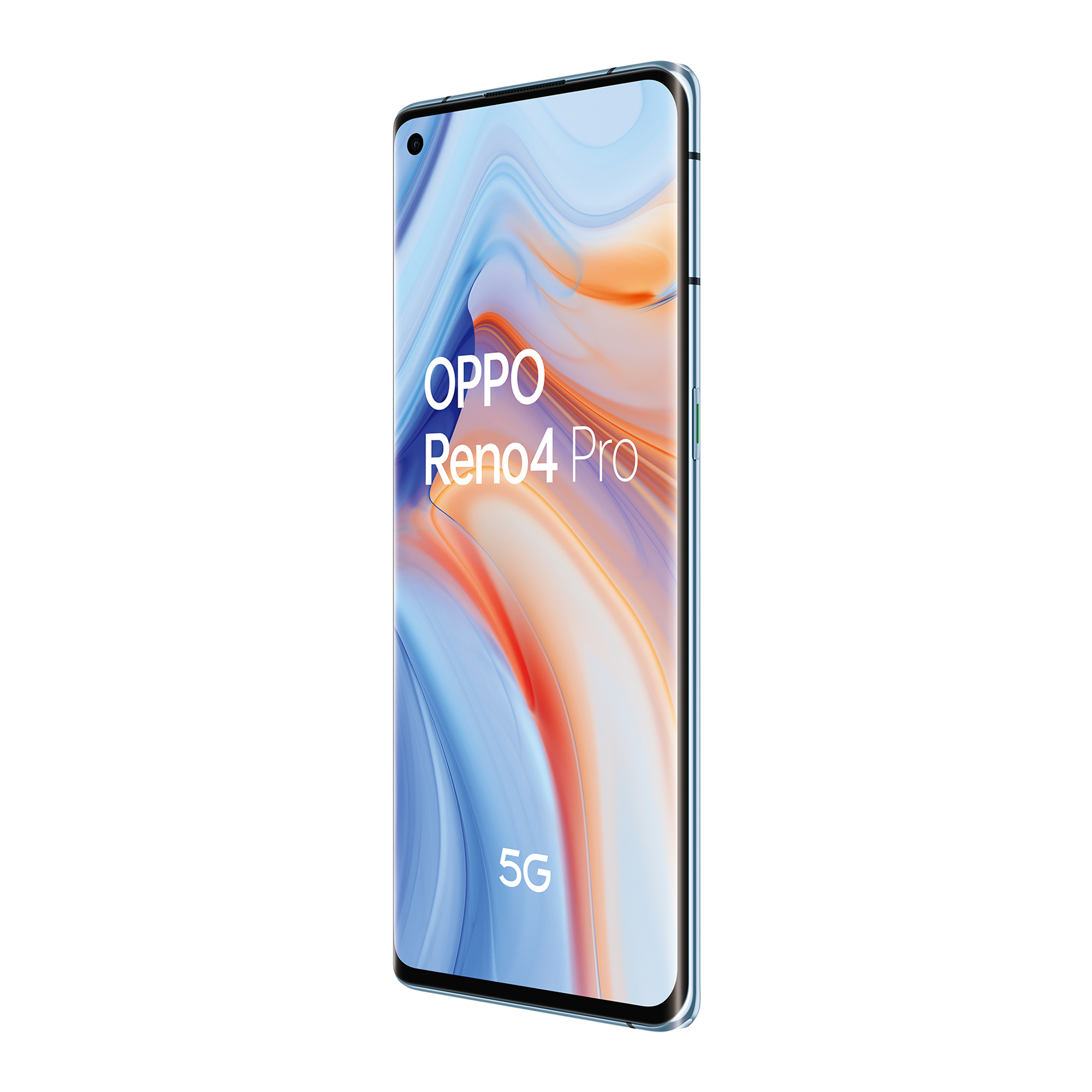 Niebieski telefon Oppo Reno4 Pro. To smukły telefon z logo Oppo na ekranie.