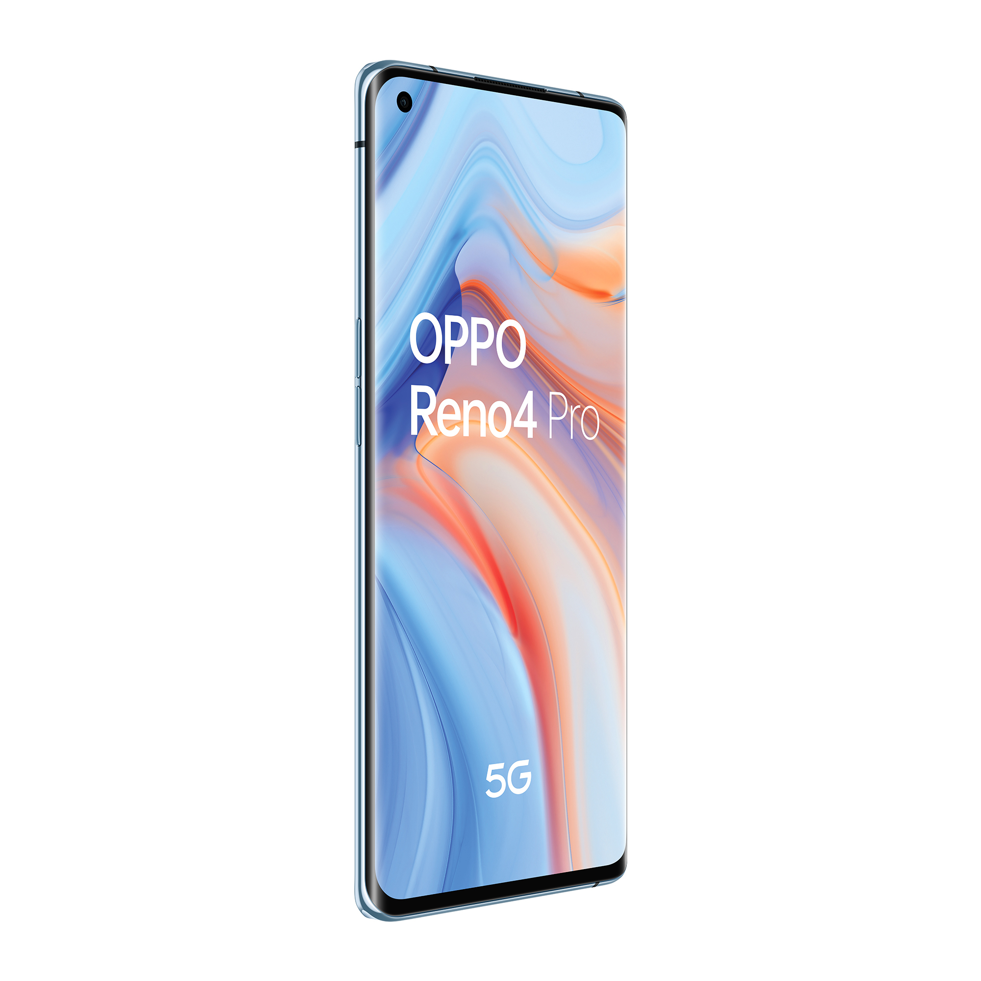 Smartfon Oppo Reno4 Pro, widok z przodu, jasnoniebieski, pokazujący ekran.