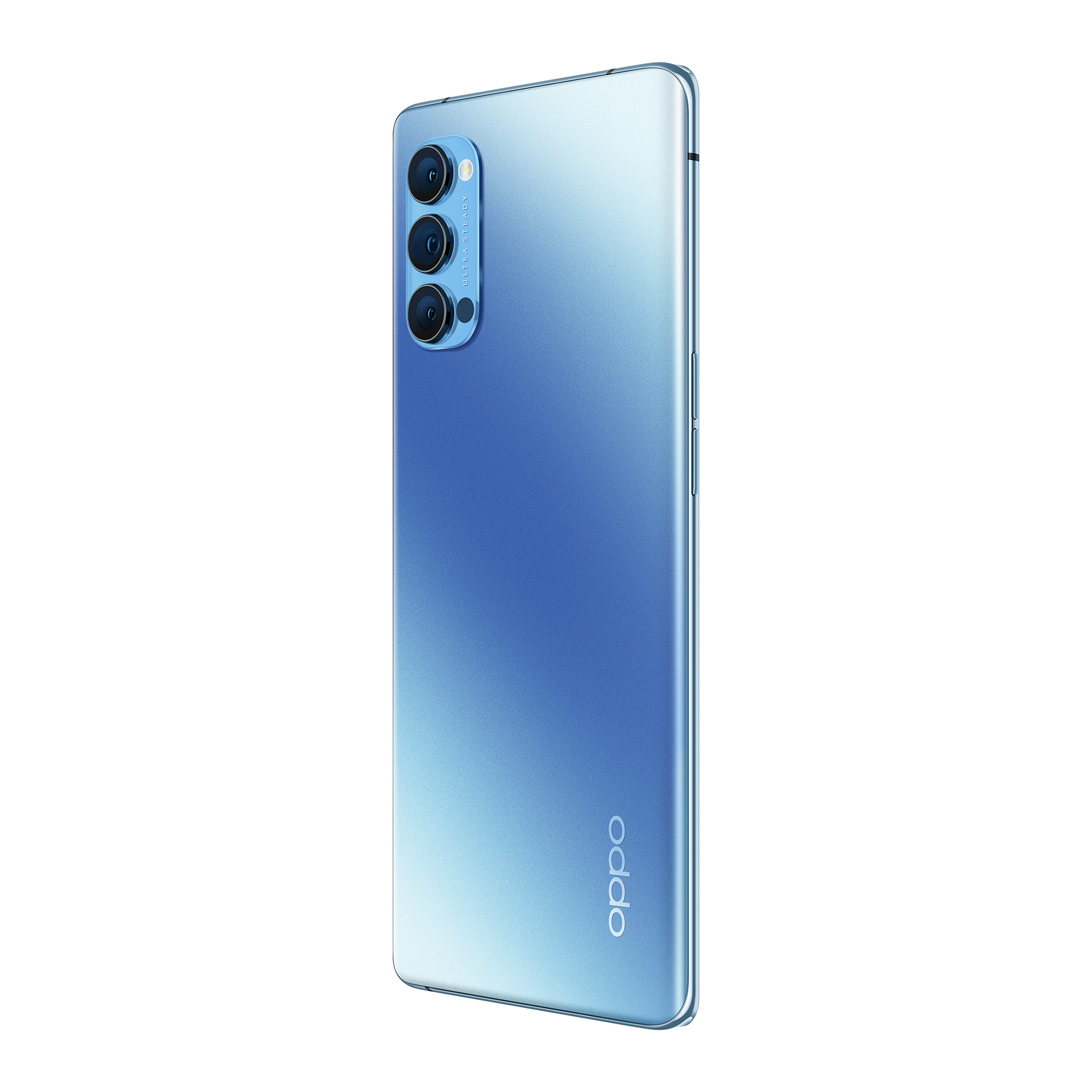 Niebieski gradient smartfon, widok z tyłu z trzema aparatami. Białe tło.