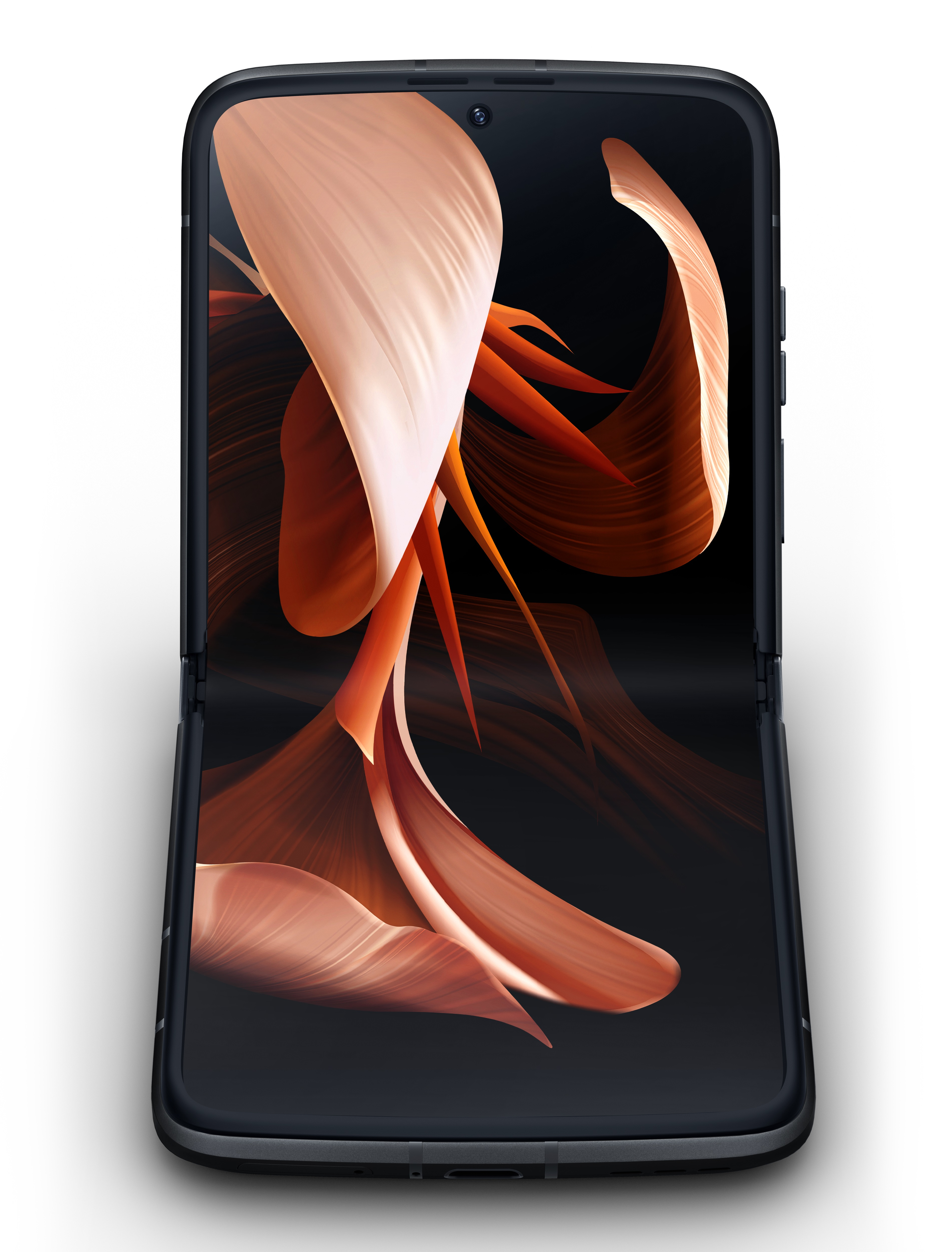 Ein schwarzes, gefaltetes Telefon mit einer bunten floralen Anzeige auf dem inneren Bildschirm.