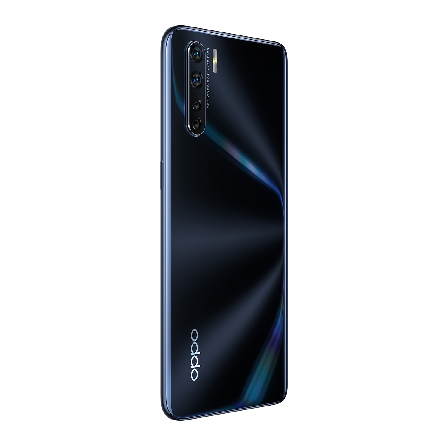 Smartphone-Rückseite, schwarz, mit drei Kameras. Oppo-Logo. Isoliert auf weißem Hintergrund.