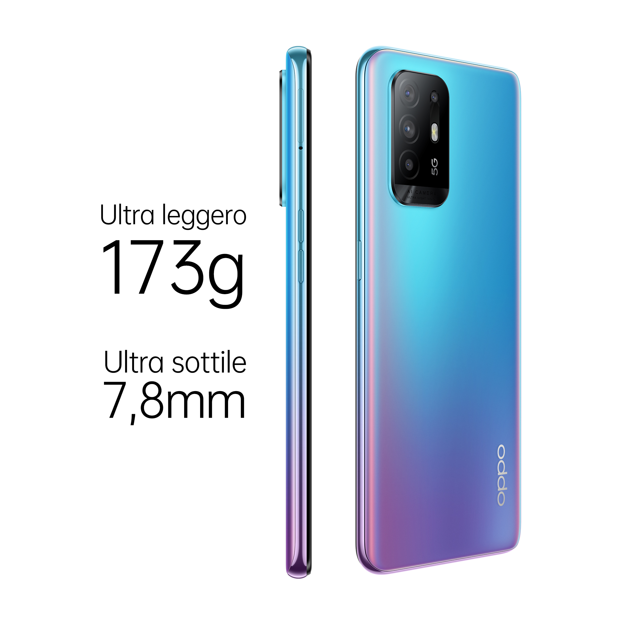 Ein blaues und lila Telefon, Seiten- und Rückansicht mit Text: 173g und 7,8mm.