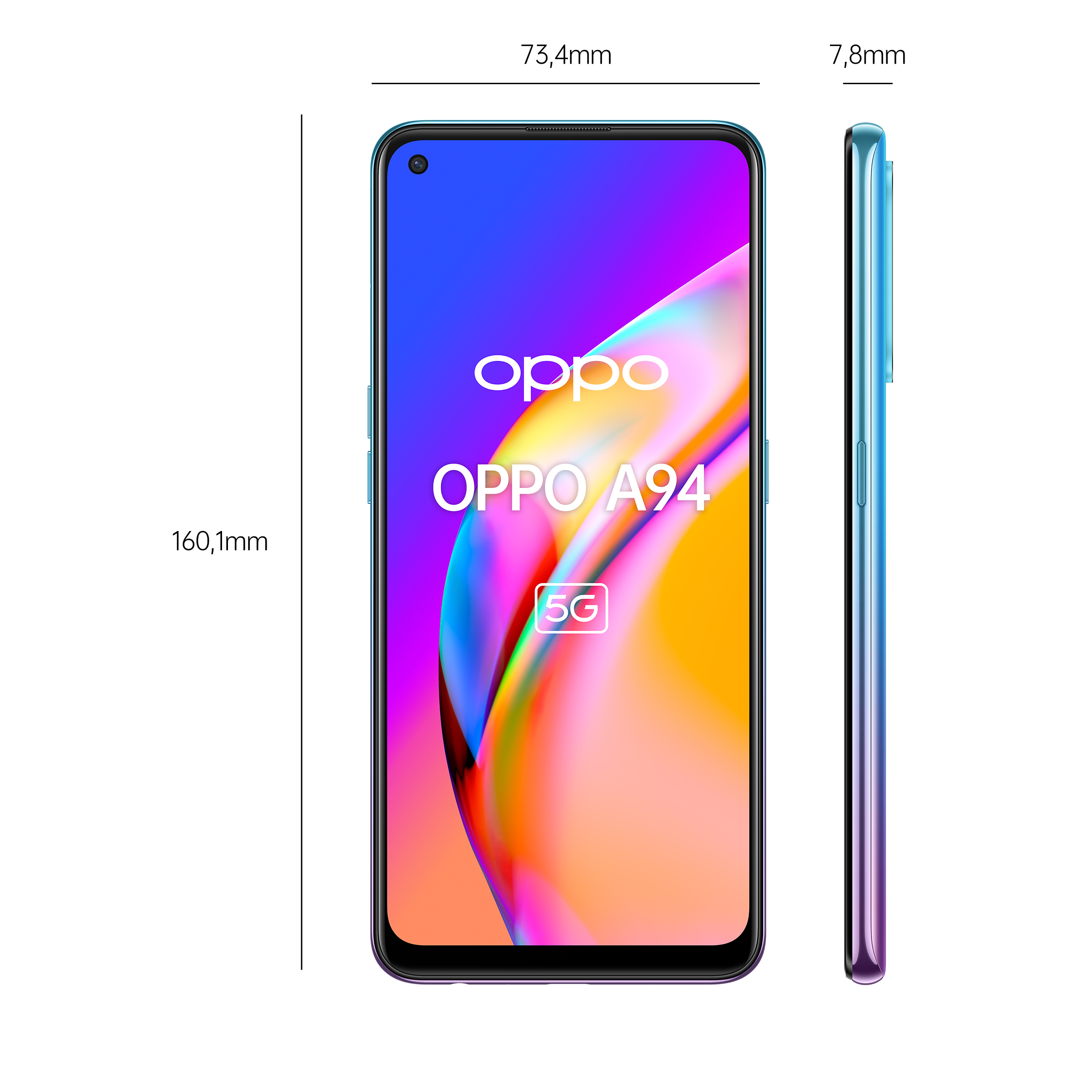 Blau-lila Oppo A94 5G-Telefon. Vorder- und Seitenansicht, mit Maßen. Oppo-Logo sichtbar.