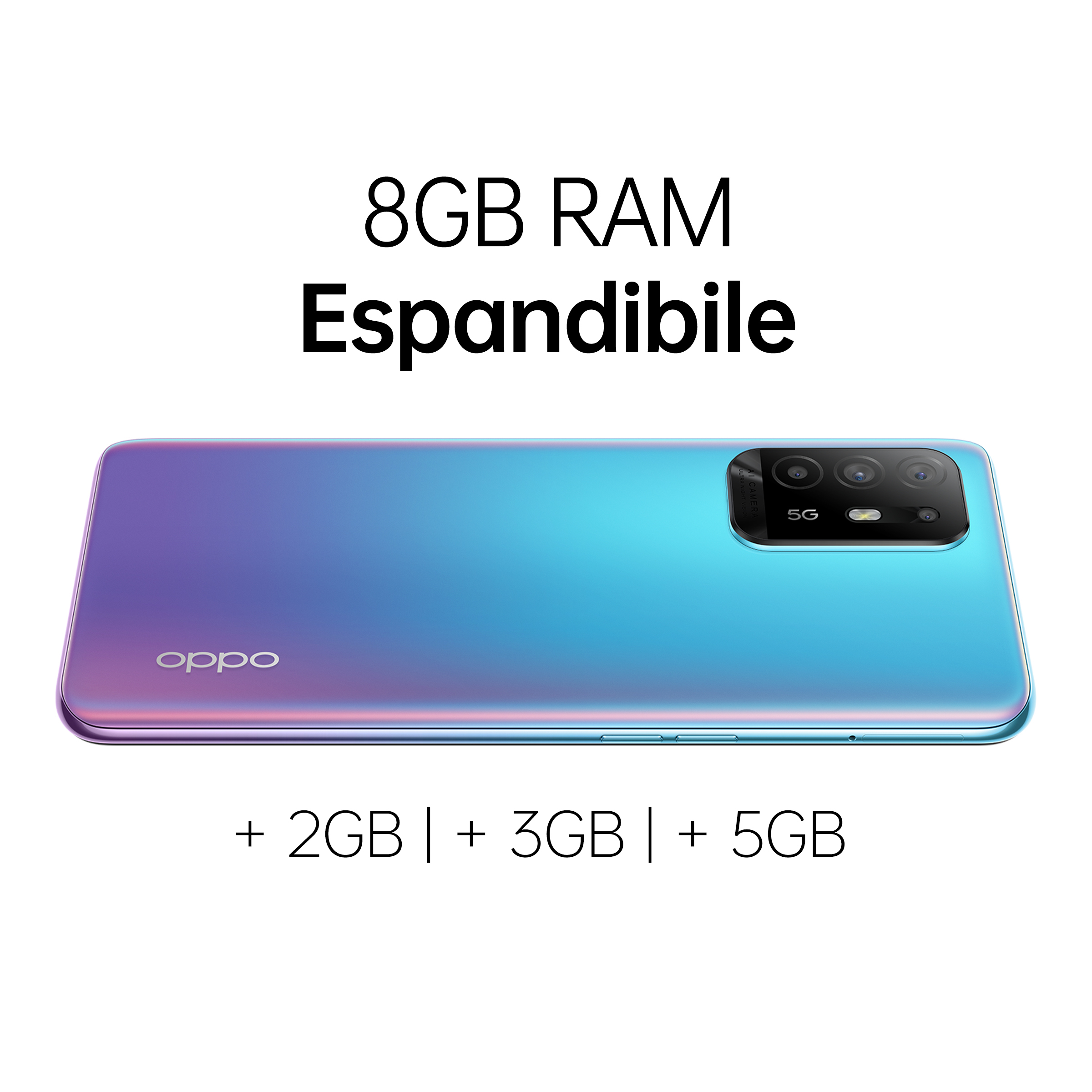 Smartphone-Rückseite mit Text, Farbverlauf. Oppo-Logo. 8GB RAM erweiterbar. Isoliert.