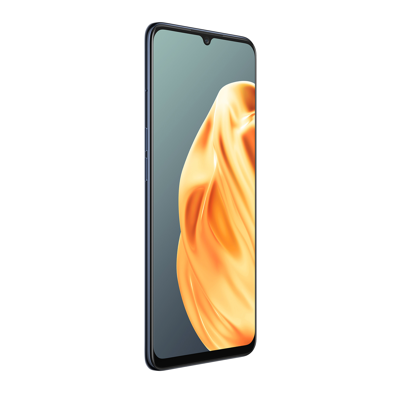 Blaues Smartphone mit großem Bildschirm. Tropfenförmige Kerbe für die Kamera.