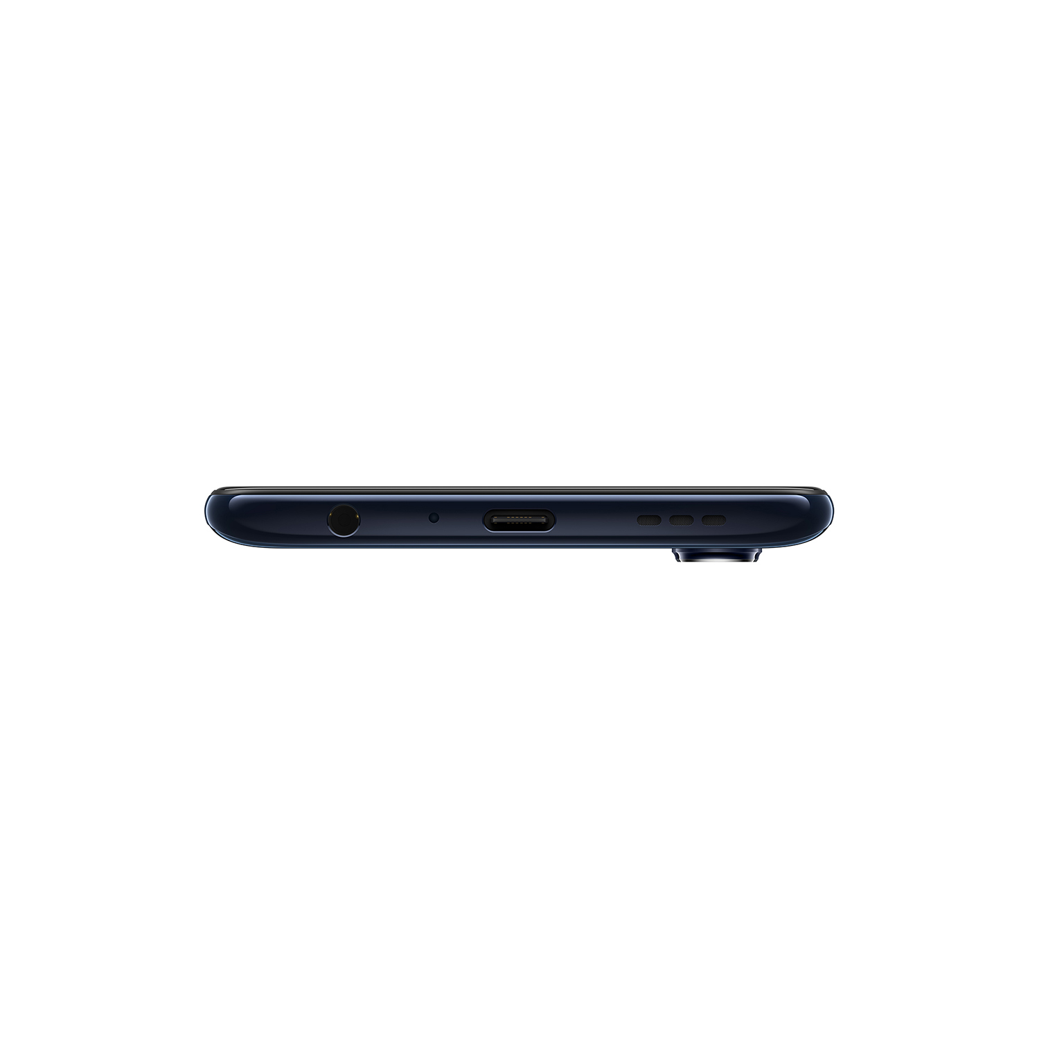 Die Unterkante eines blauen Smartphones mit Ladeanschluss, Kopfhöreranschluss und Lautsprechern.