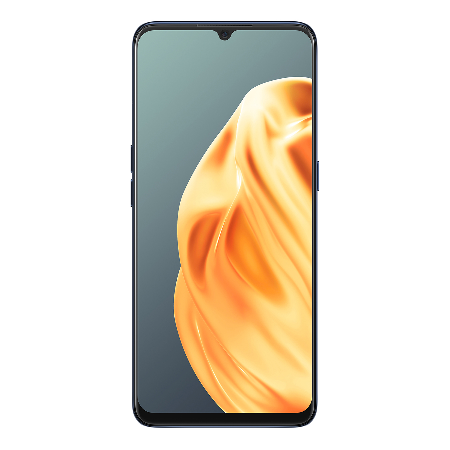 Smartphone mit einem Display, das ein gelbes und oranges abstraktes Design zeigt. Blauer Rahmen.