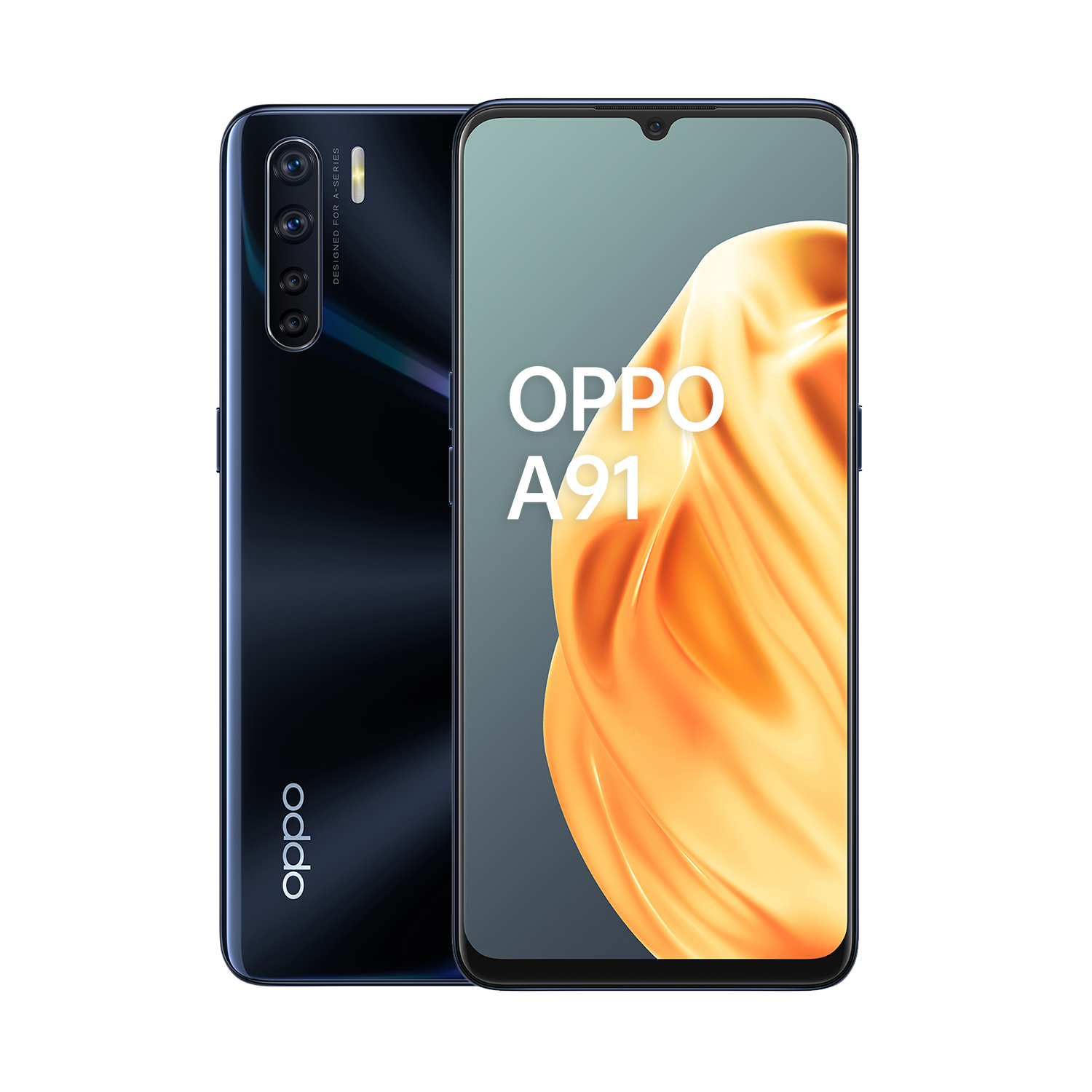 Schwarzes Smartphone, Rückseite sichtbar, OPPA A91 Display vorne.