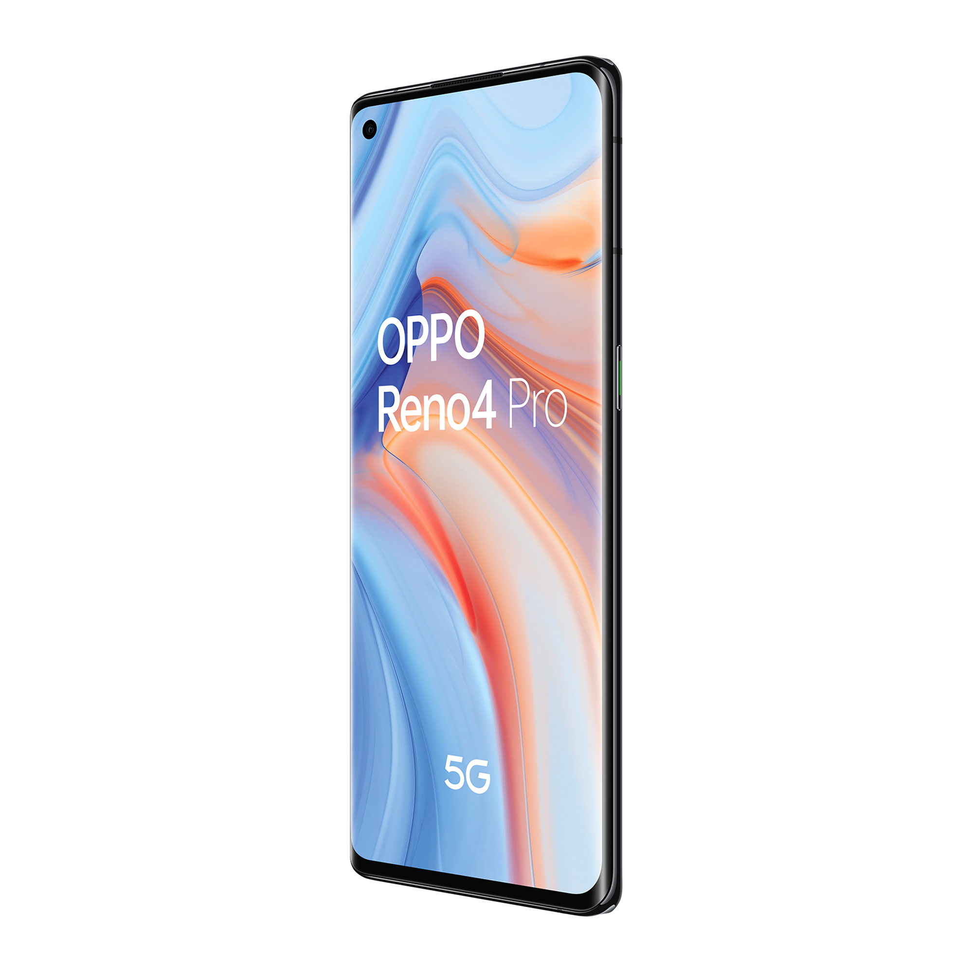 Zielony telefon OPPO Reno4 Pro. Wyświetla gradientową tapetę, tekst brzmi „OPPO Reno4 Pro 5G”.
