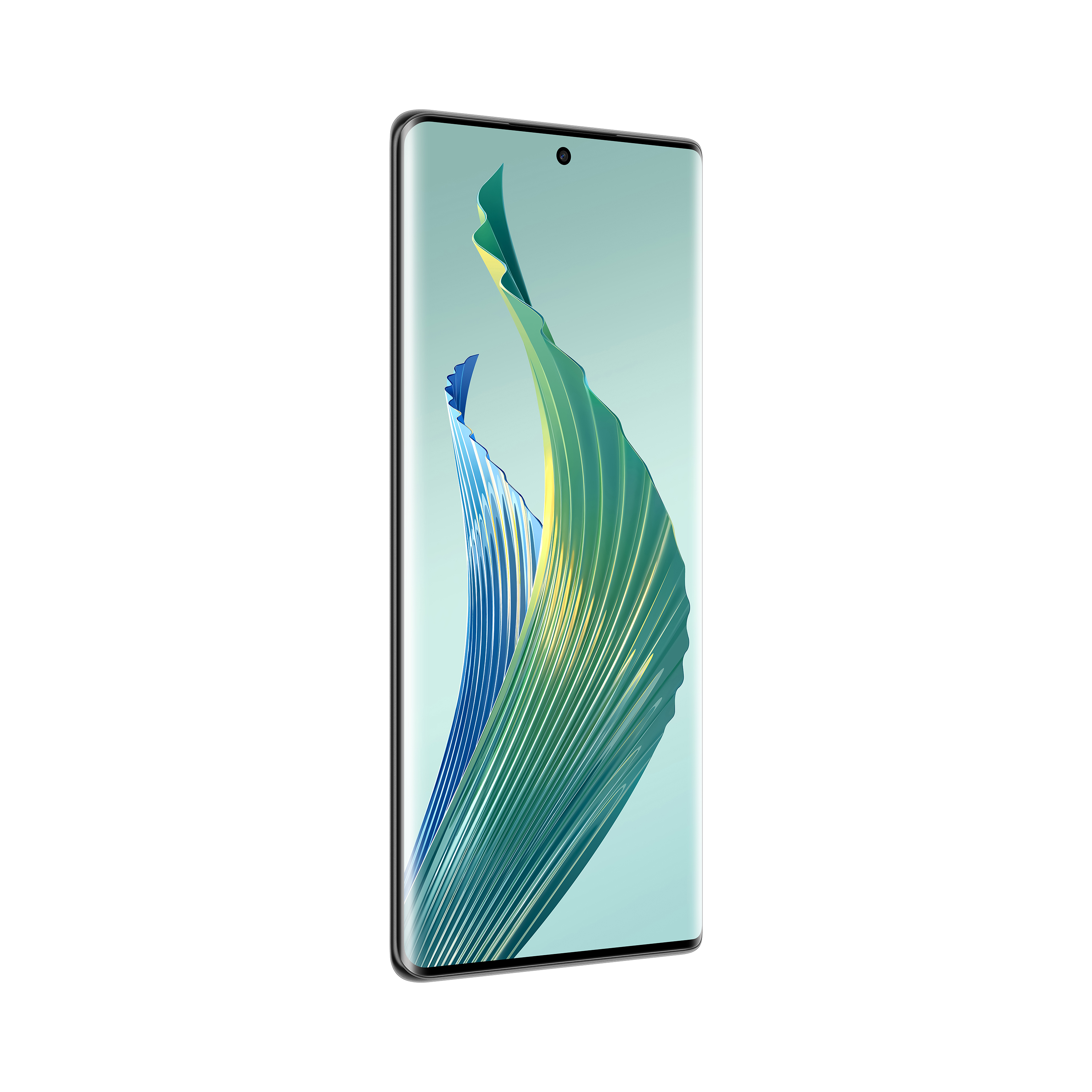 Telefon z ekranem wyświetlającym zieloną i niebieską sztukę abstrakcyjną. Elegancki design, białe tło.