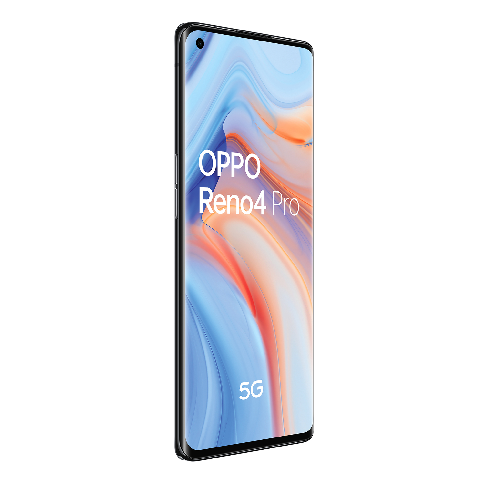 Smartfon z wyświetlaczem pokazującym OPPA Reno4 Pro, z 5G na dole.