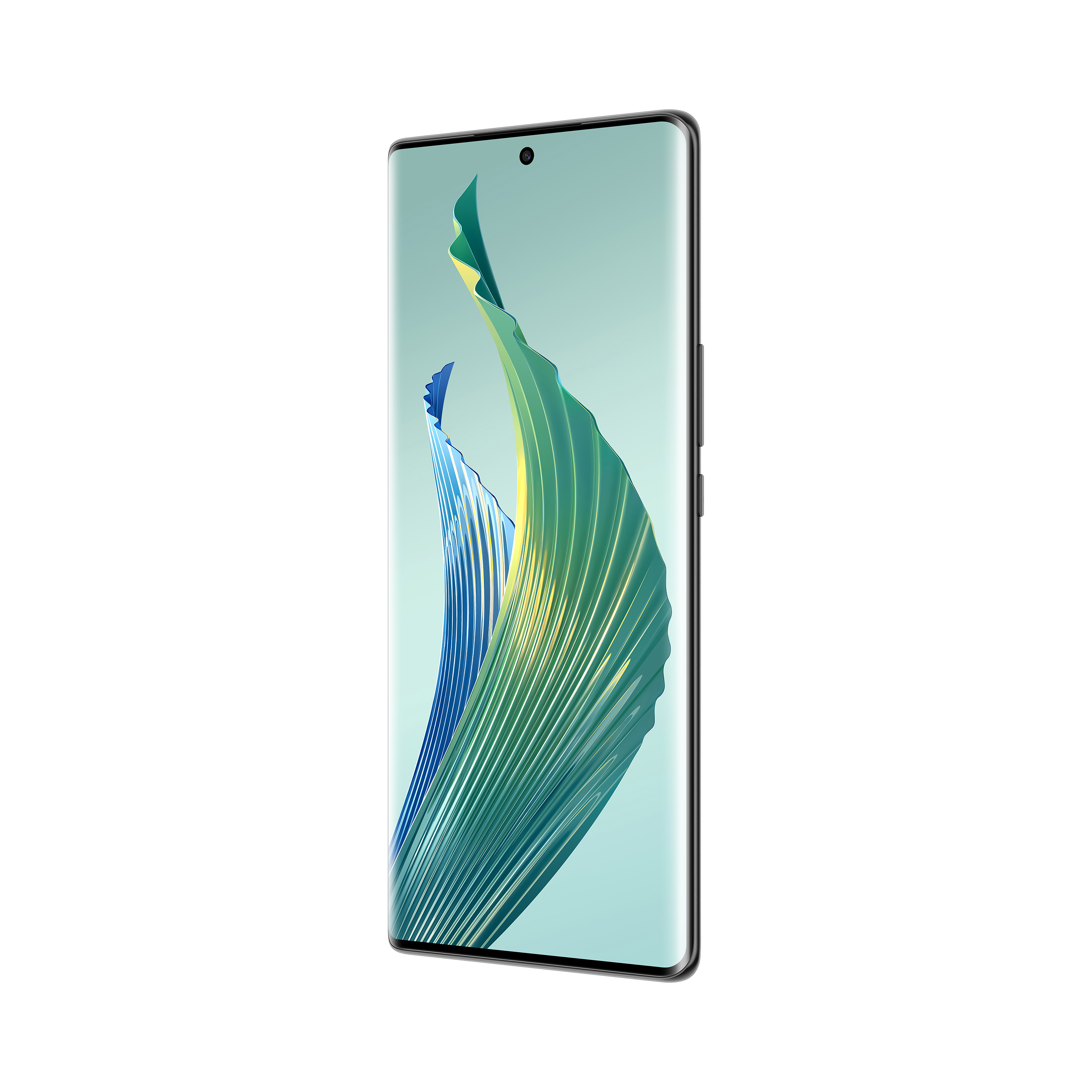 Smartfon, widok z boku. Ekran pokazuje abstrakcyjne zielone i niebieskie kształty. Telefon jest srebrny.