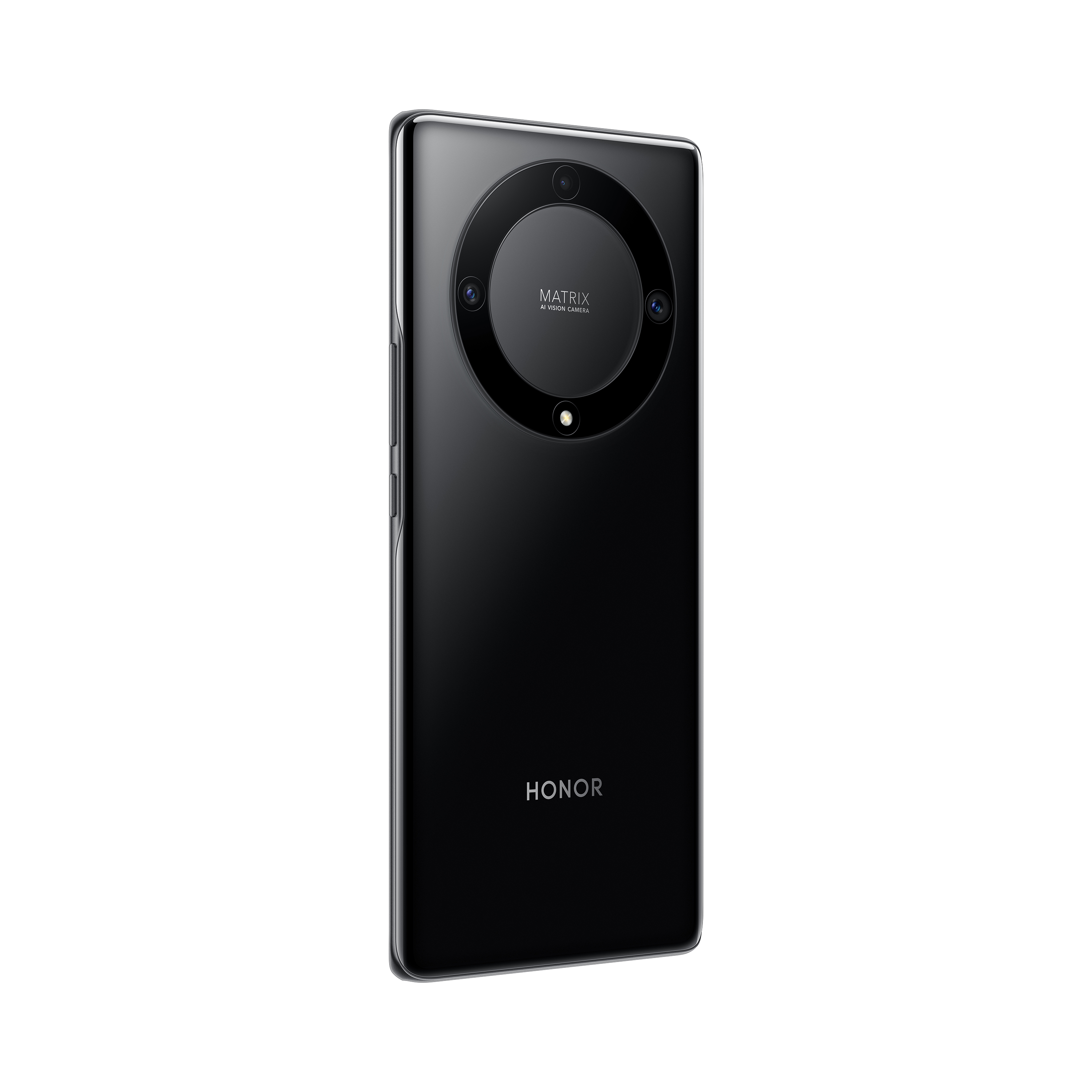 Czarny smartfon Honor. Ma duży moduł aparatu z trzema obiektywami. Ekran jest wyłączony.