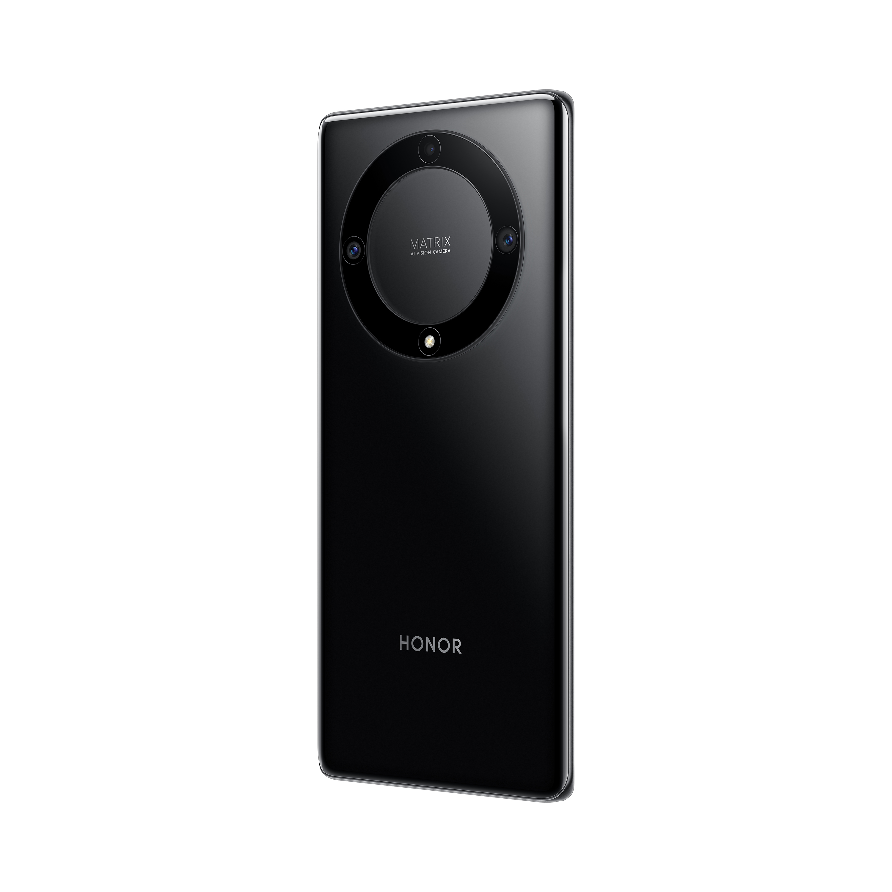 Czarny telefon HONOR. Posiada konstrukcję aparatu Matrix z trzema obiektywami i logo HONOR.