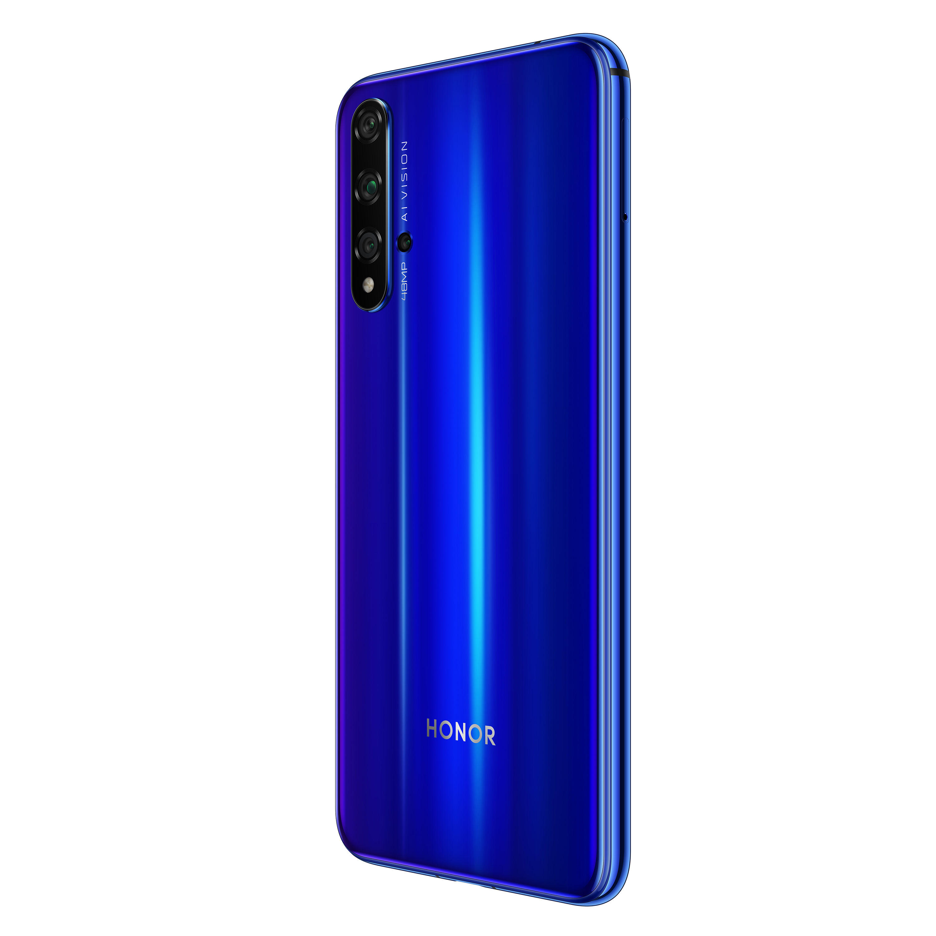 Blaues Honor-Telefon, Rückseite. Das Telefon hat einen blauen Farbverlauf und drei Kameras. Das Honor-Logo ist sichtbar.