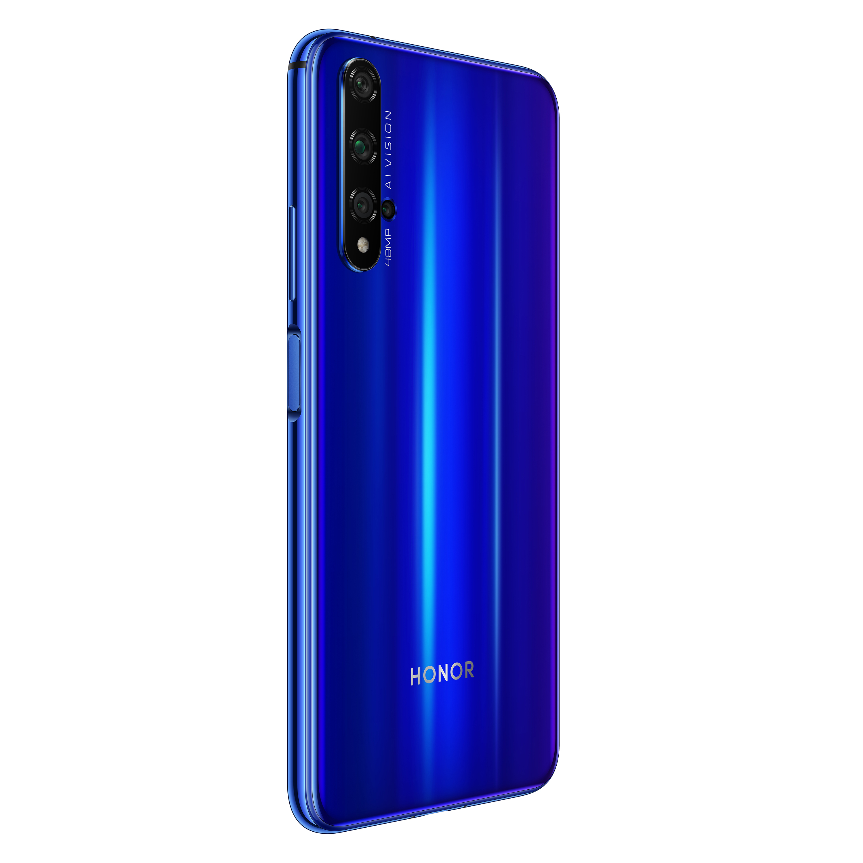 Blaues Telefon mit drei Kameras und dem Wort HONOR. Es ist leicht geneigt.