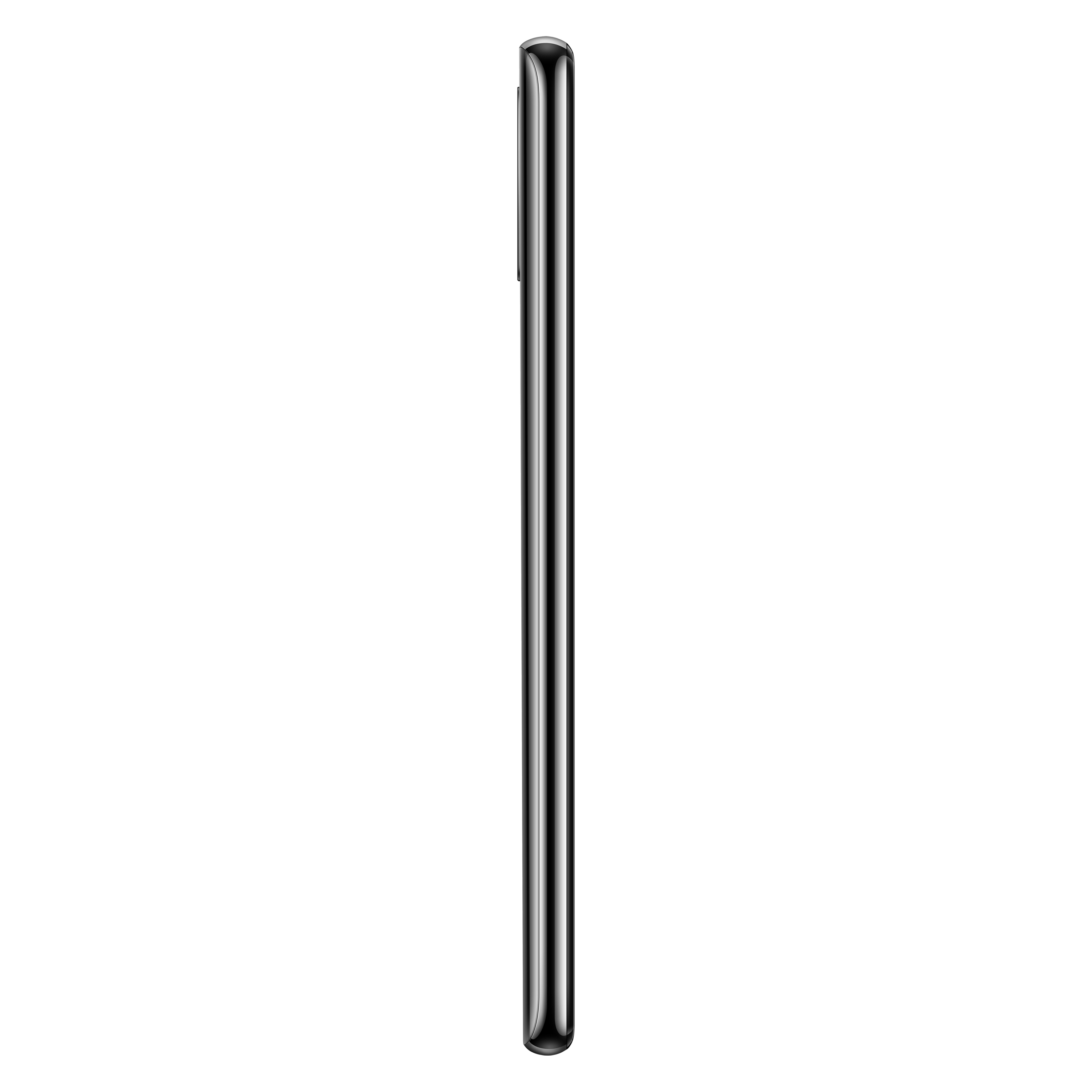 Seitenansicht eines schwarzen Smartphones auf weißem Hintergrund.