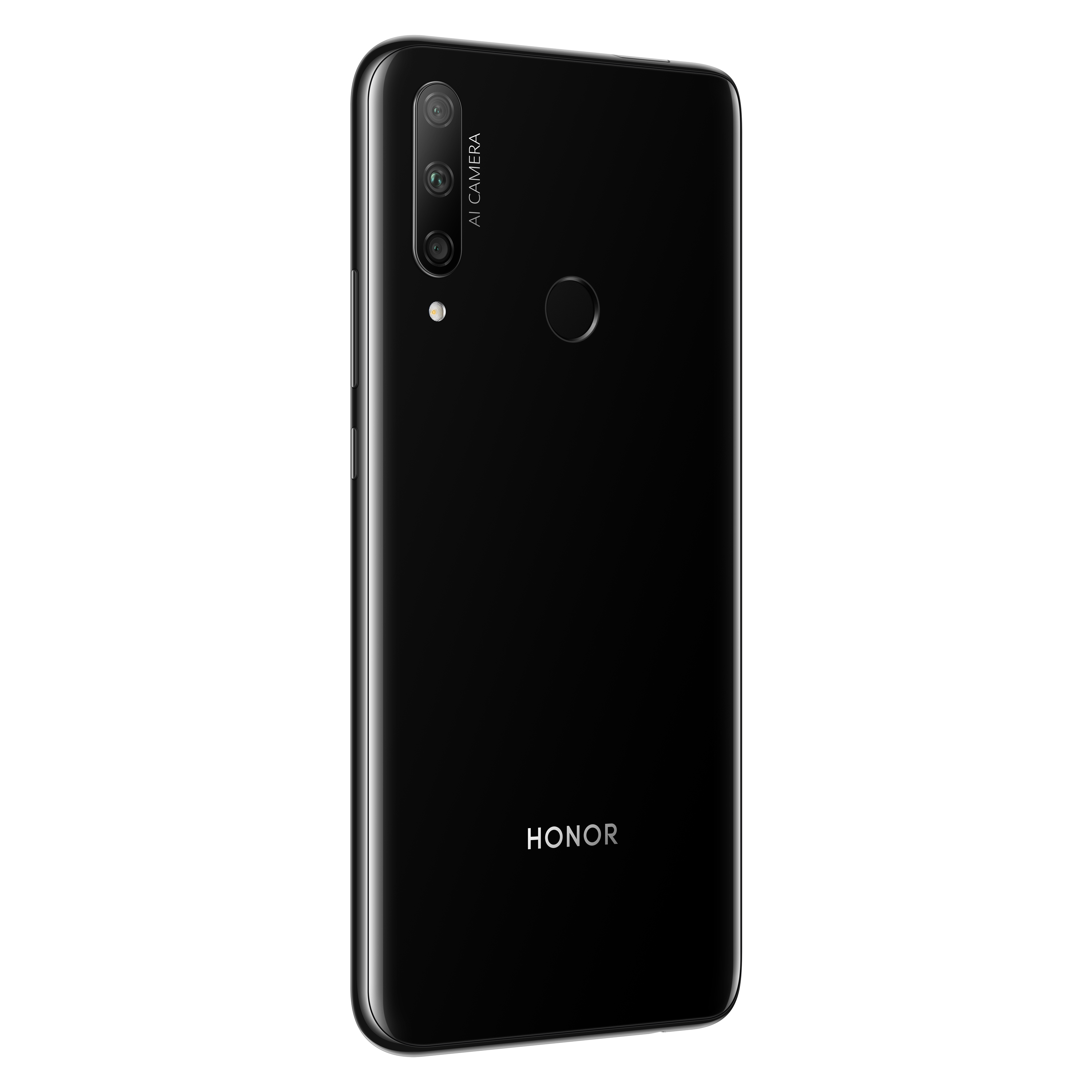 Ein schwarzes Telefon von hinten, mit einer Kamera und dem Honor-Logo.