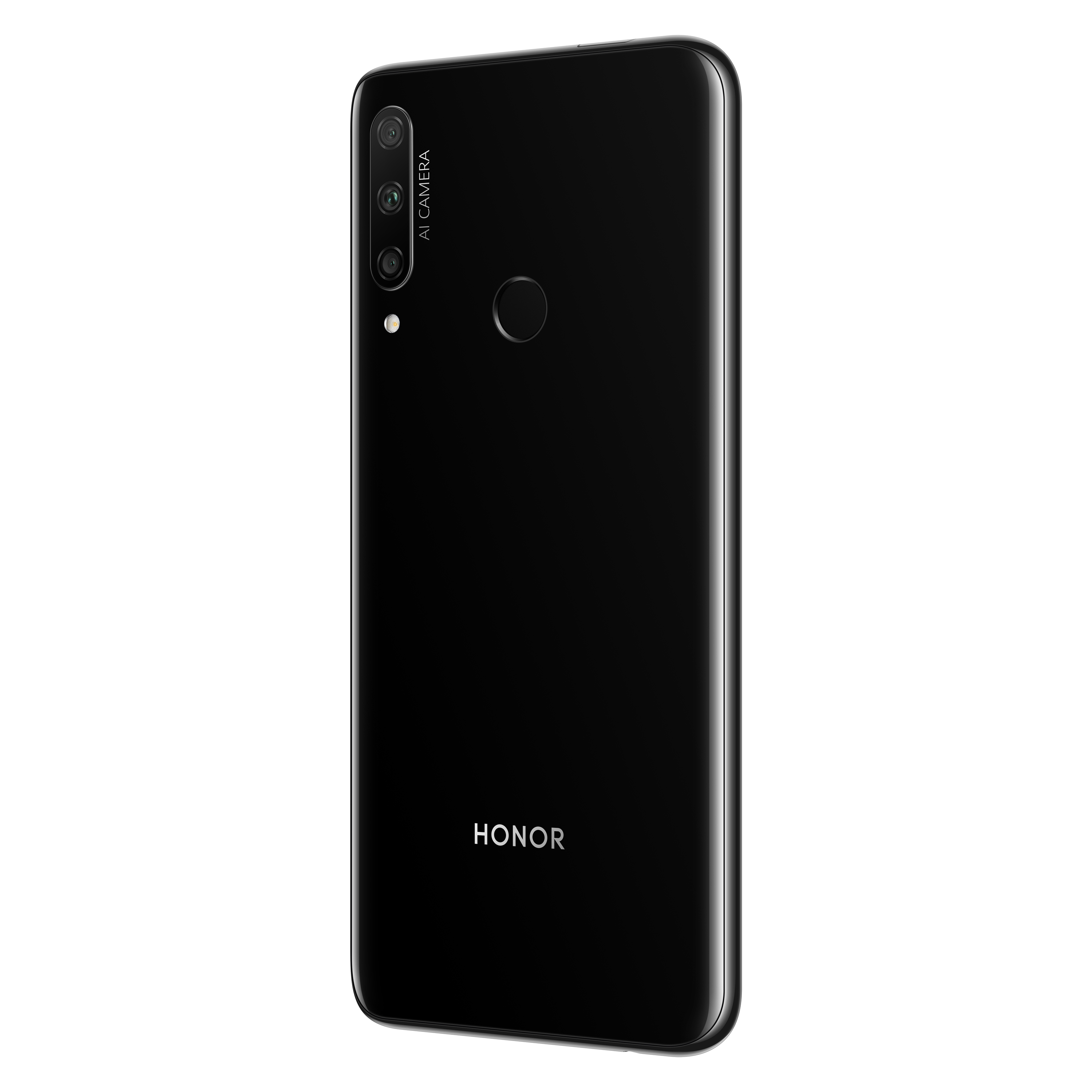 Rückseite eines schwarzen Smartphones mit drei Kameras und einem Fingerabdrucksensor. Das Wort HONOR ist sichtbar.
