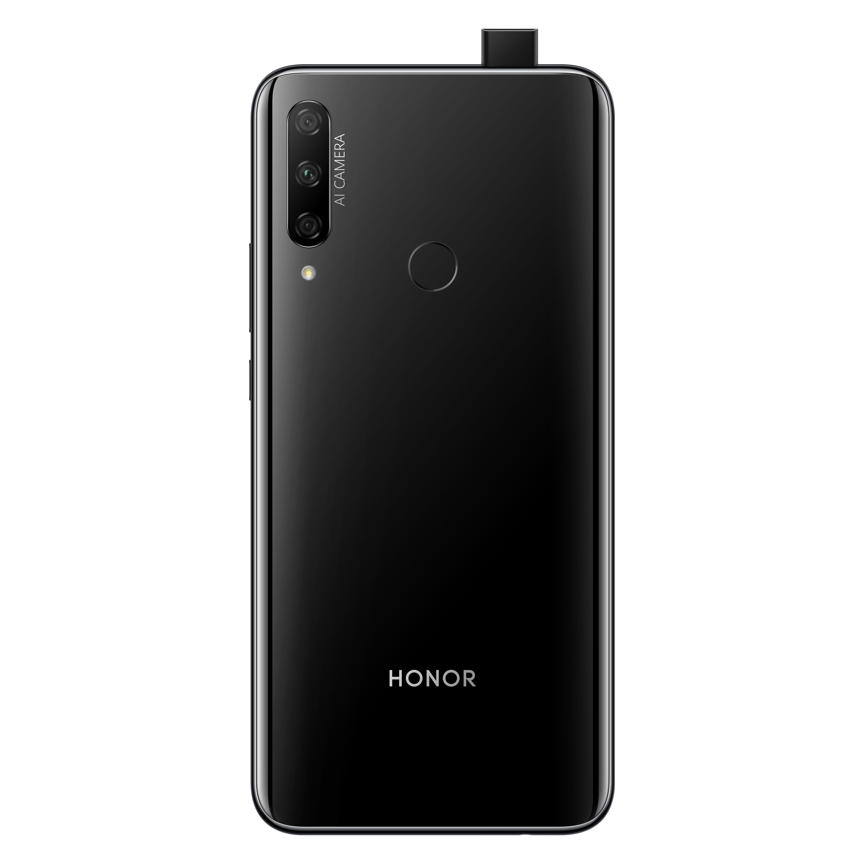 Schwarze Telefonrückseite mit Dreifachkameras, Fingerabdrucksensor und dem Wort HONOR unten.