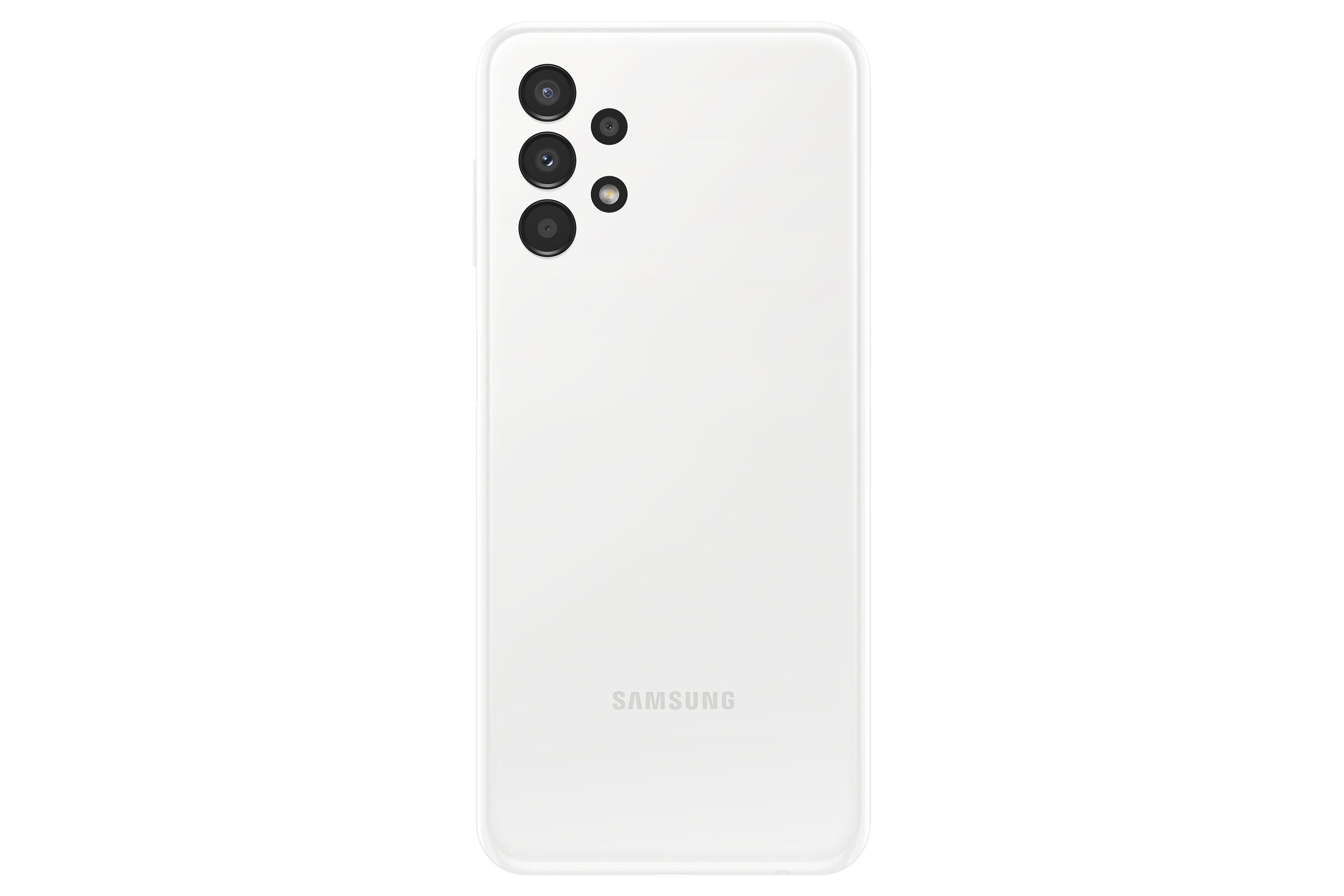 Rückansicht eines weißen Samsung-Telefons mit mehreren Kameras. Der Hintergrund ist weiß.