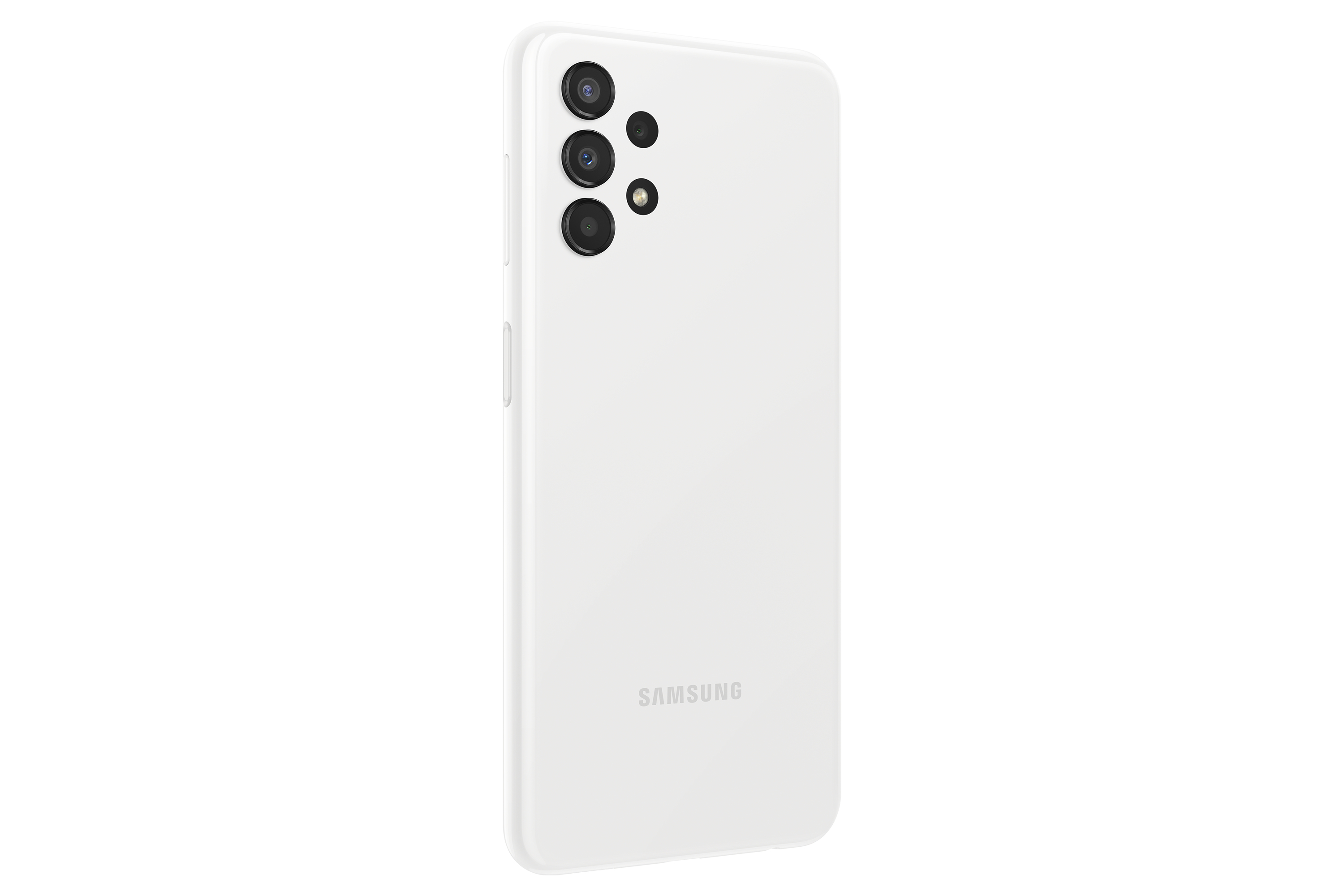 Weißes Smartphone, Rückansicht, mit Kameralinsen und Samsung-Logo auf weißem Hintergrund.